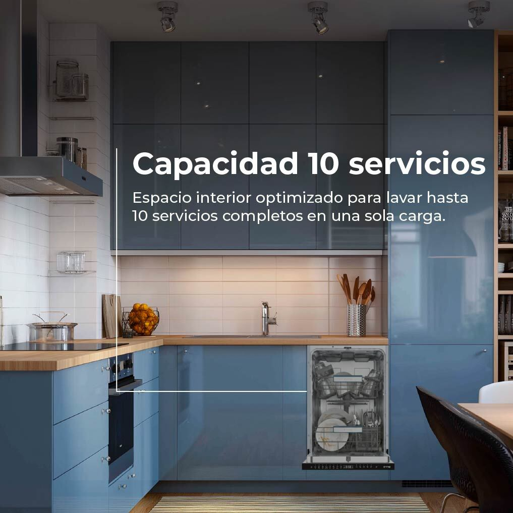 Cocina azul con lavavajillas abierto. Capacidad para 10 servicios.