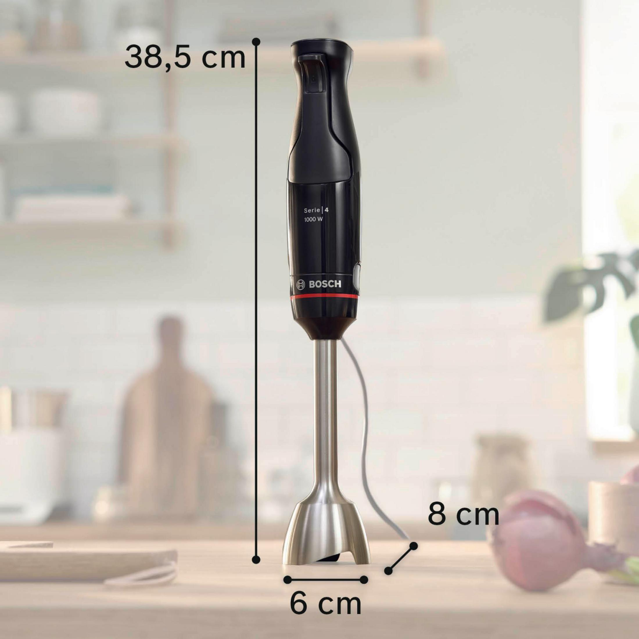 Batidora de mano Bosch negra con pie de acero inoxidable, 38,5 cm.