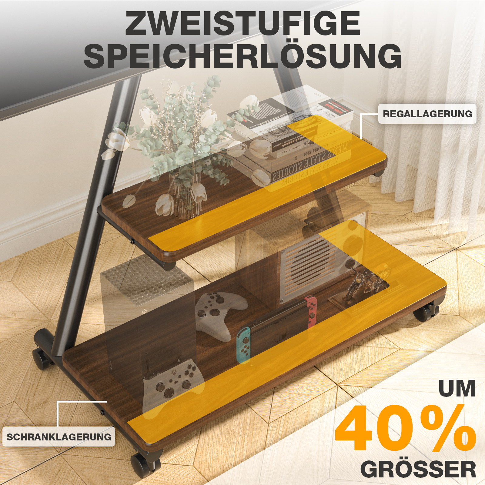 Zweistufige Speicheroberfläche mit Büchern, Blumen und Spielekonsolen.