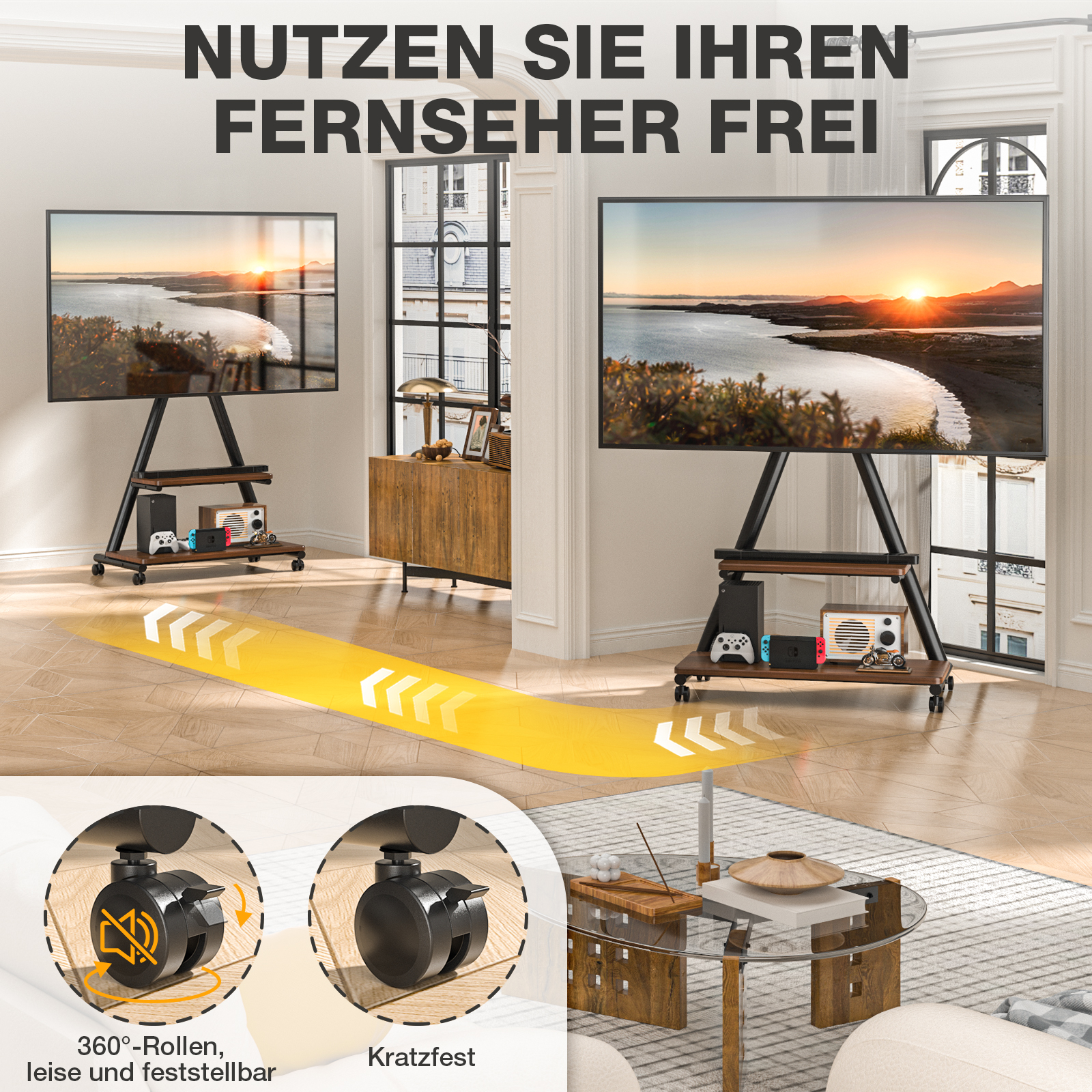 Moderner TV-Ständer mit Rollen, Spielekonsolen und Dekoration im Wohnzimmer.