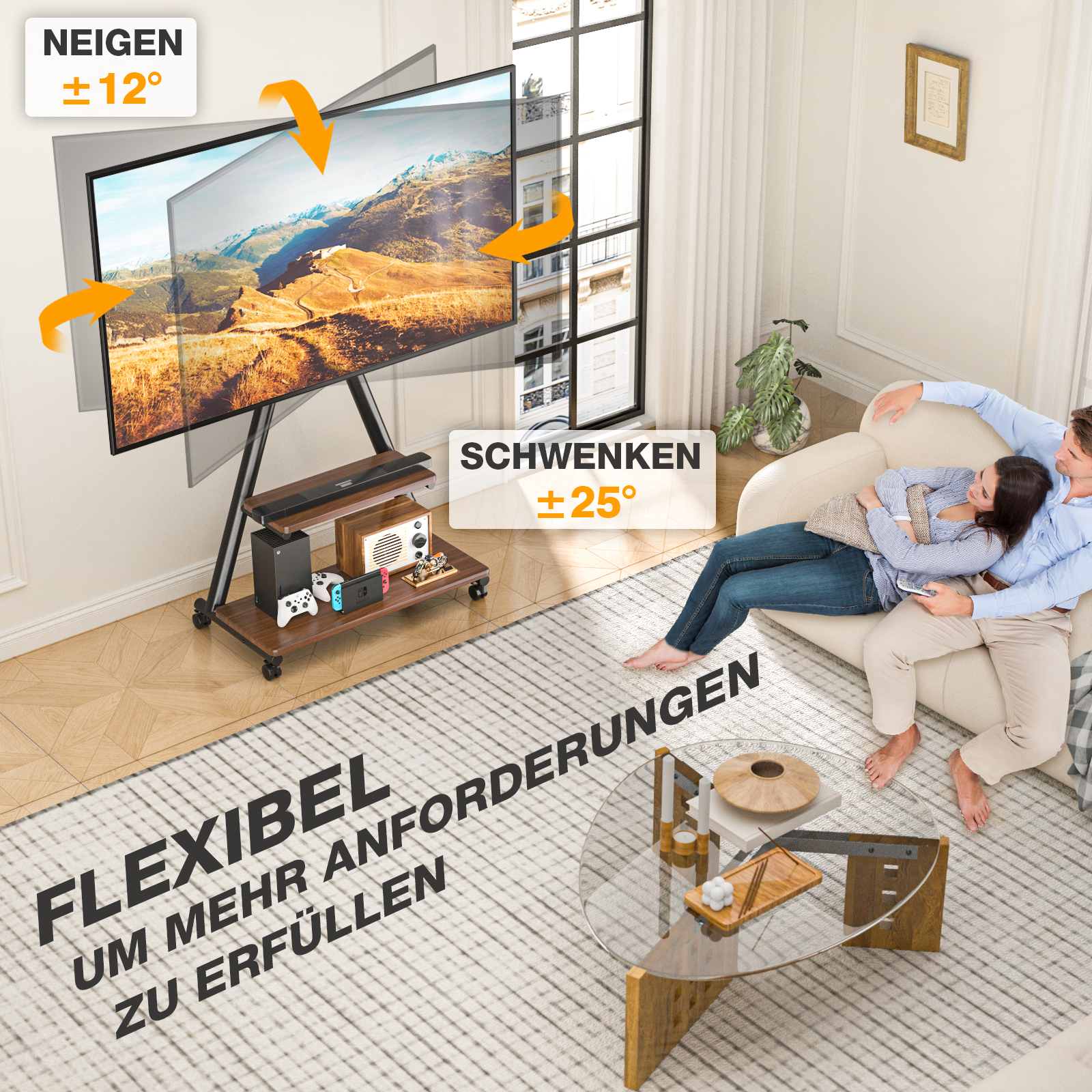 Ein Paar entspannt auf einem Sofa, ein TV-Ständer mit Geräten steht daneben.