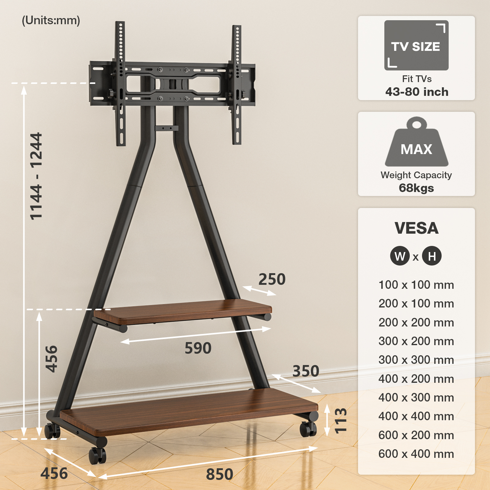 Ein mobiler TV-Ständer aus Metall mit zwei Holzablagen und Rollen. Maße sind angegeben.