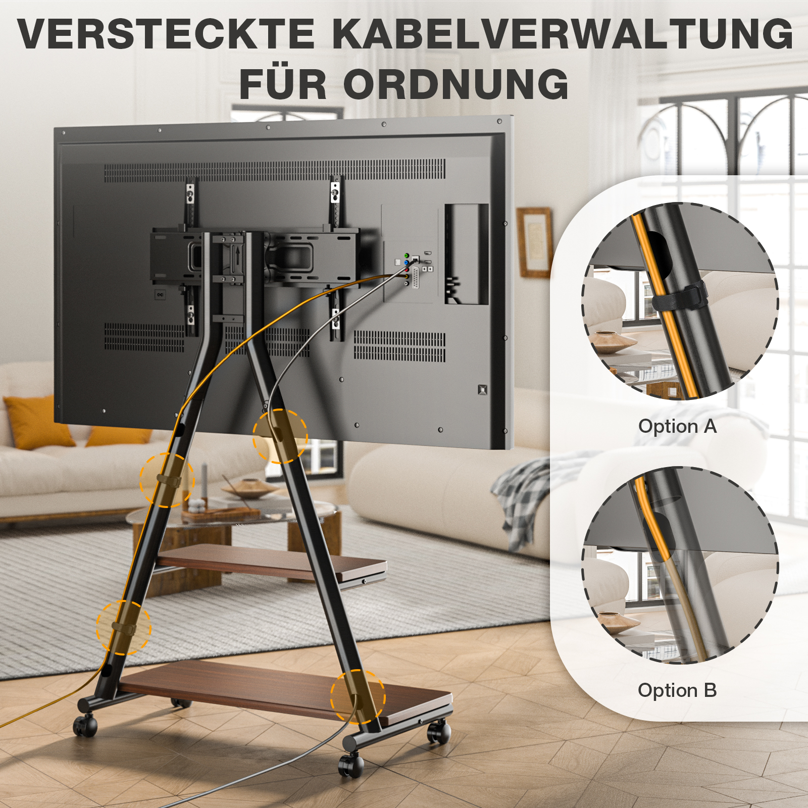Ein großer Fernseher auf einem Ständer mit Holzablagen und Kabelmanagement.