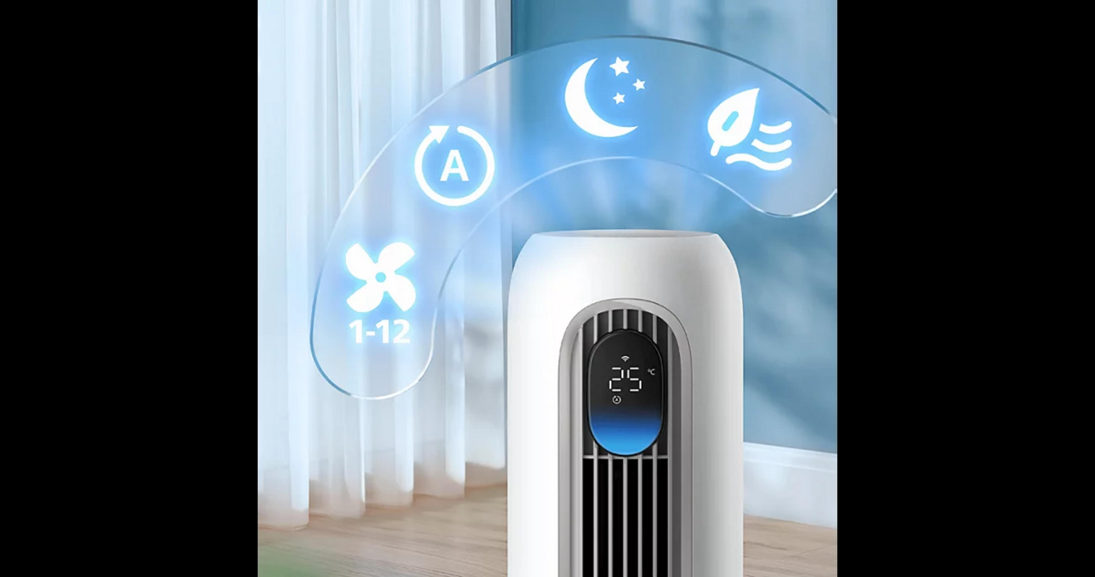 Purificatore d'aria bianco a torre con display digitale 25°C. Icone indicano modalit: auto, velocit, notte, eco.