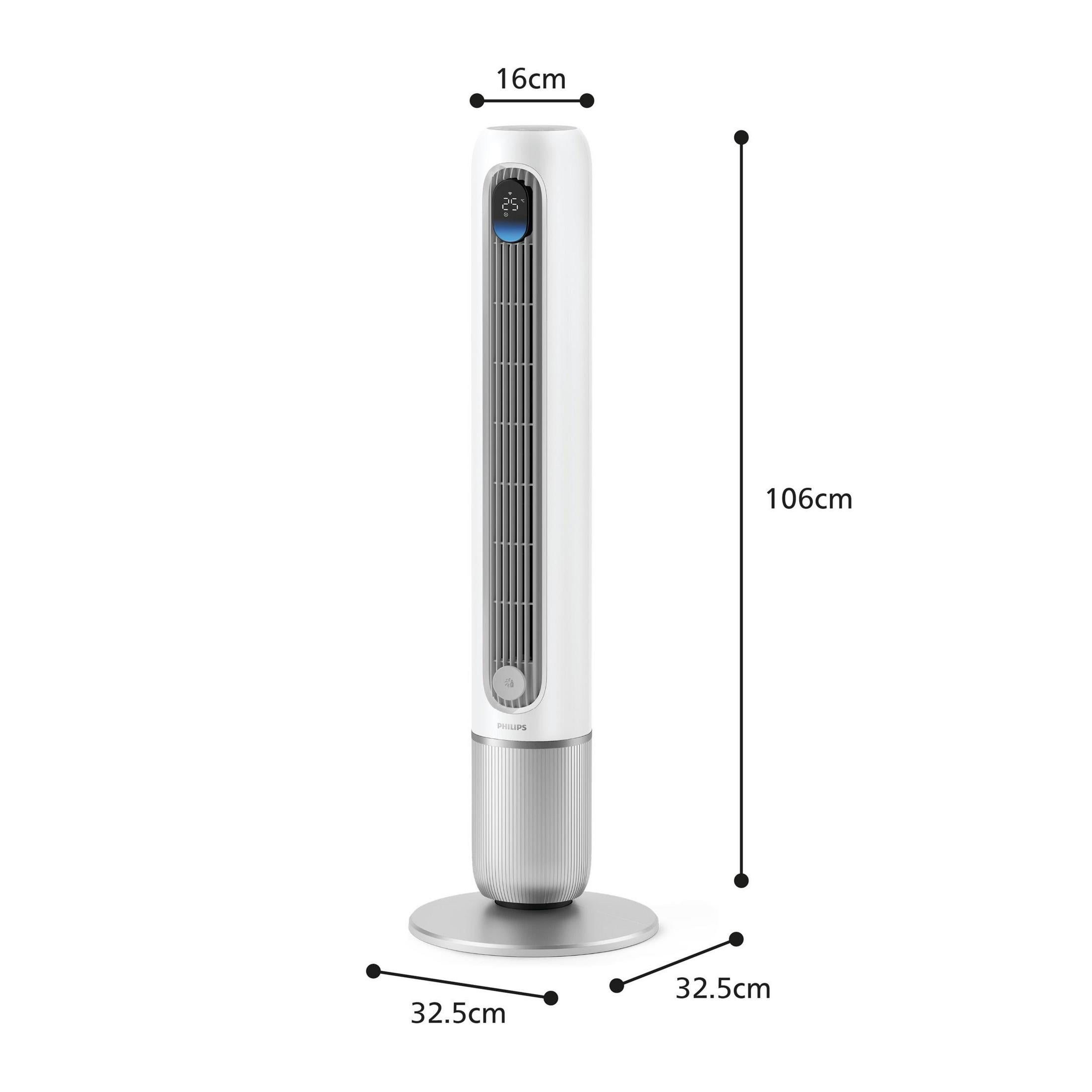 Ventilatore a torre bianco con base e display argentati. Dimensioni indicate.