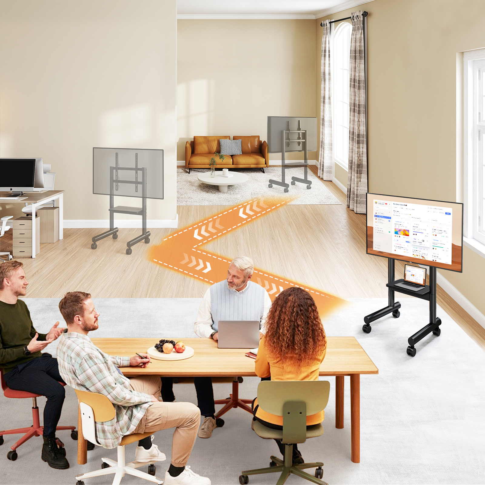 Menschen in einem Büro mit Rollwagen für Bildschirme, Möbel und einen Schreibtisch.