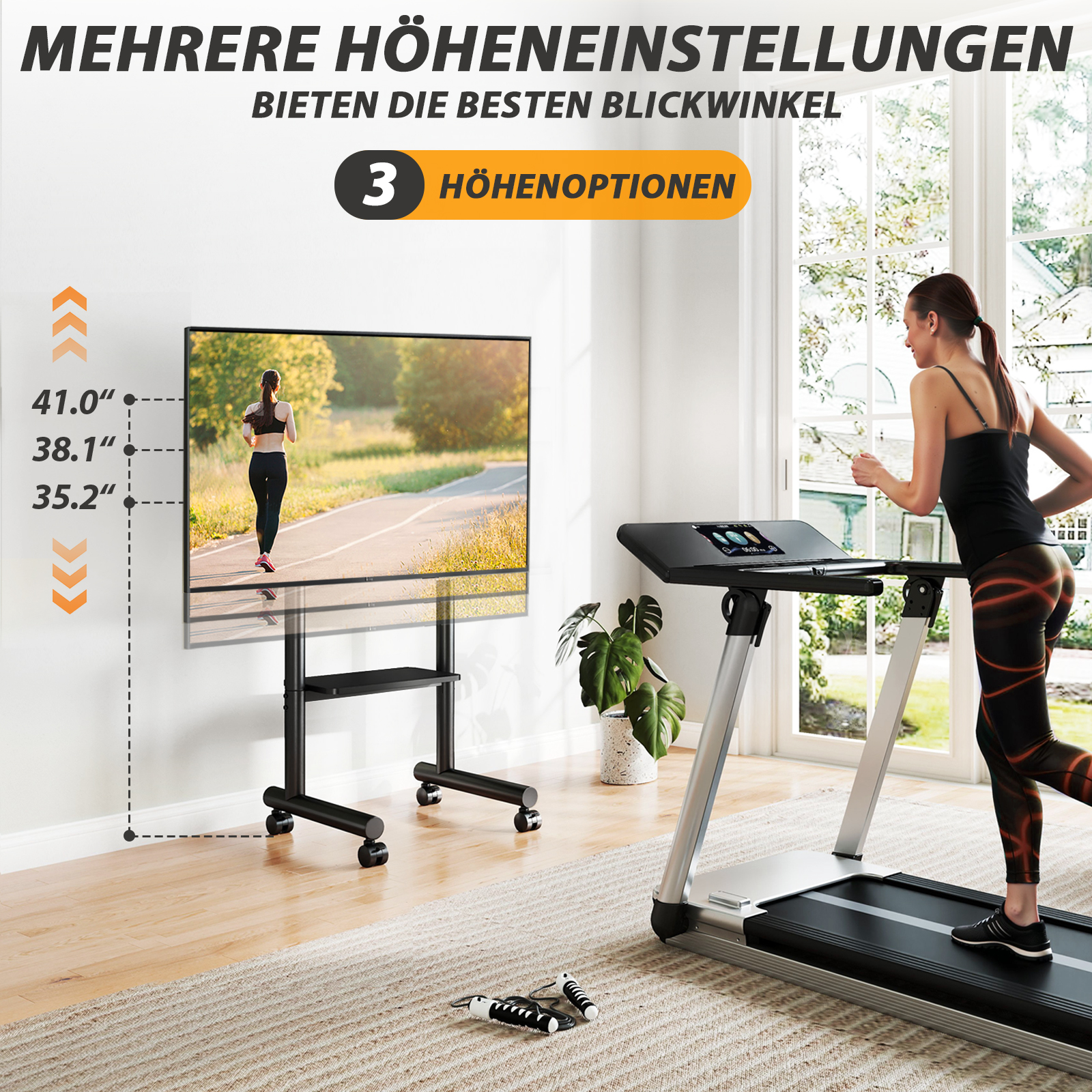 Eine Frau läuft auf einem Laufband, ein Fernseher zeigt eine Läuferin. Höhenoptionen sind angegeben.