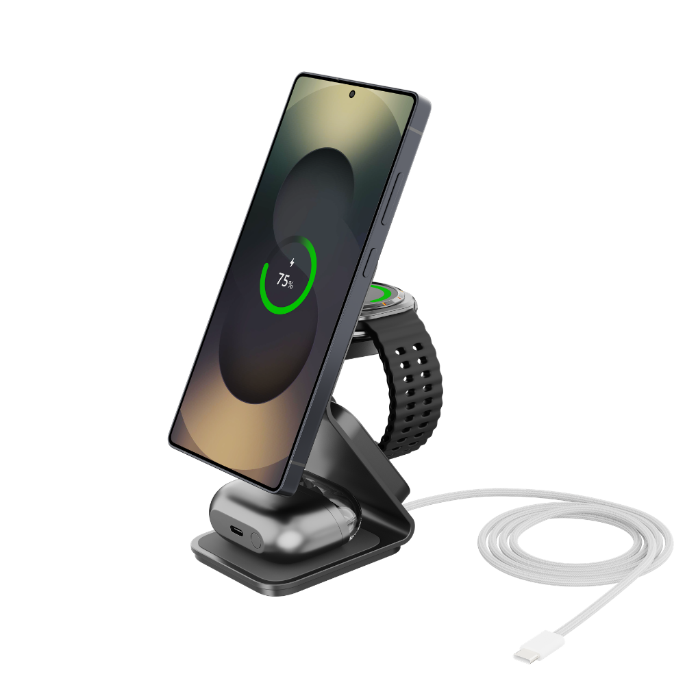 Ein schwarzes Ladegerät für Smartphone, Smartwatch und Ohrhörer mit weißem Kabel.