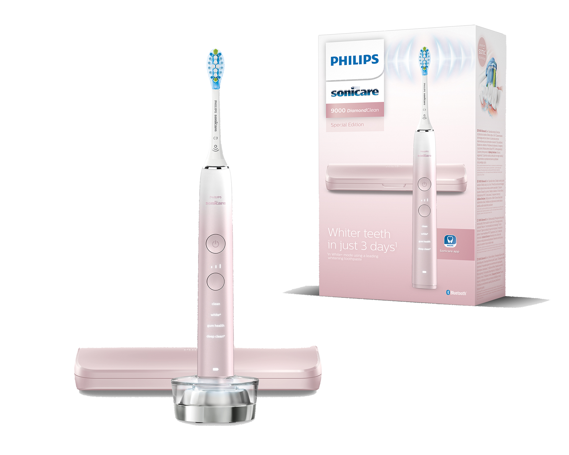 Un cepillo rosa Philips Sonicare DiamondClean 9000 con cargador y caja.