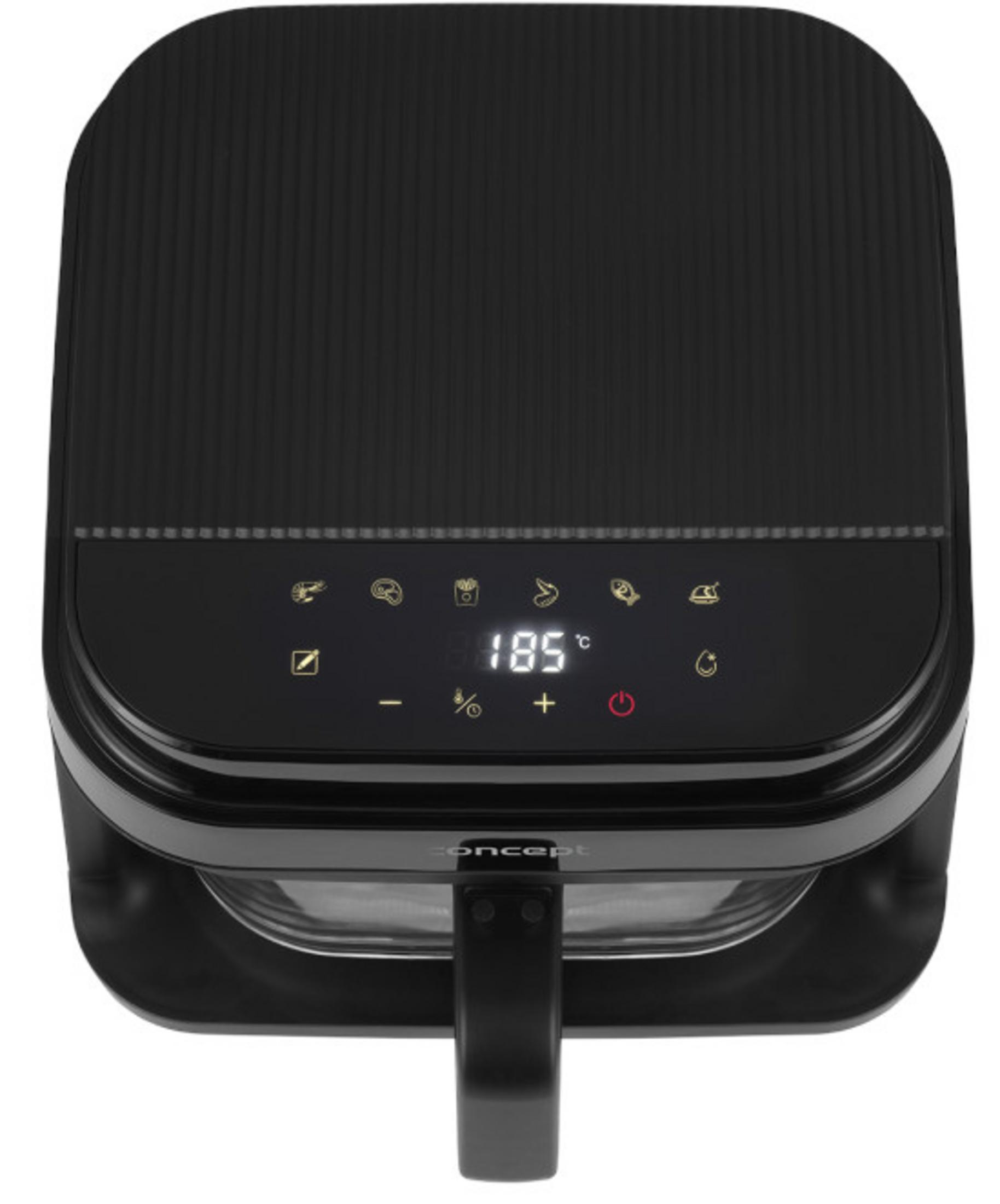 Friggitrice ad aria nera con display digitale che mostra 185°C e icone.