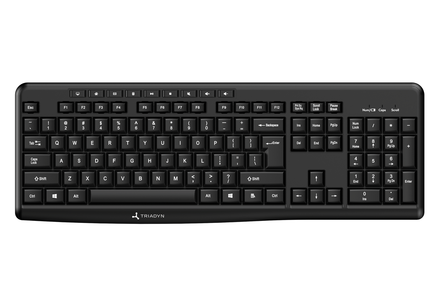 Czarna klawiatura z układem QWERTY i klawiaturą numeryczną.