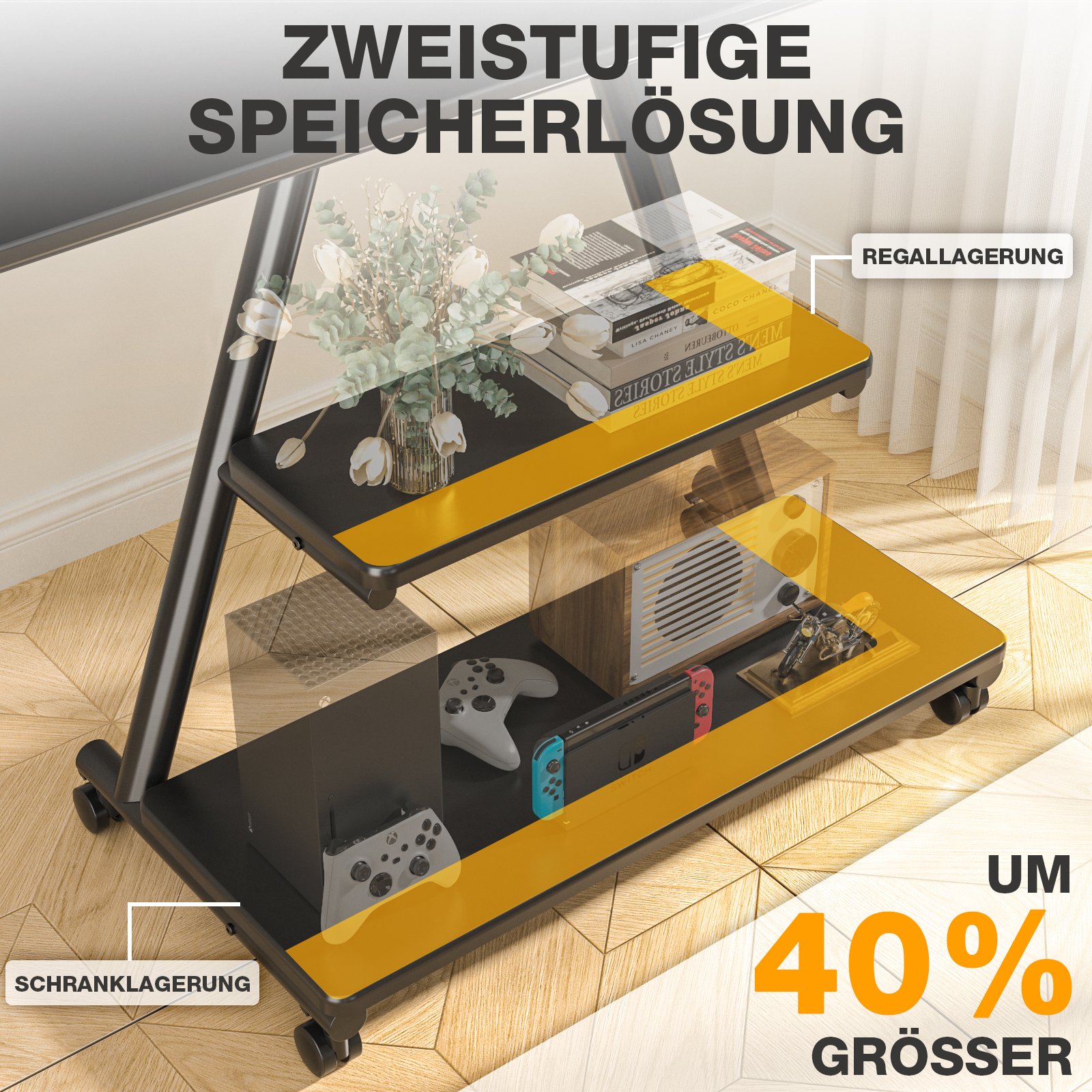 Zweistufige Lösung mit Konsolen, Controller, Buch und Blumen.