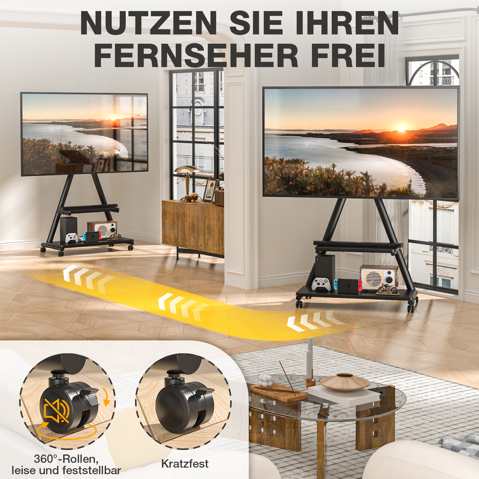 Zwei mobile TV-Ständer mit Fernsehern, Konsolen und Zubehör in einem Wohnzimmer.