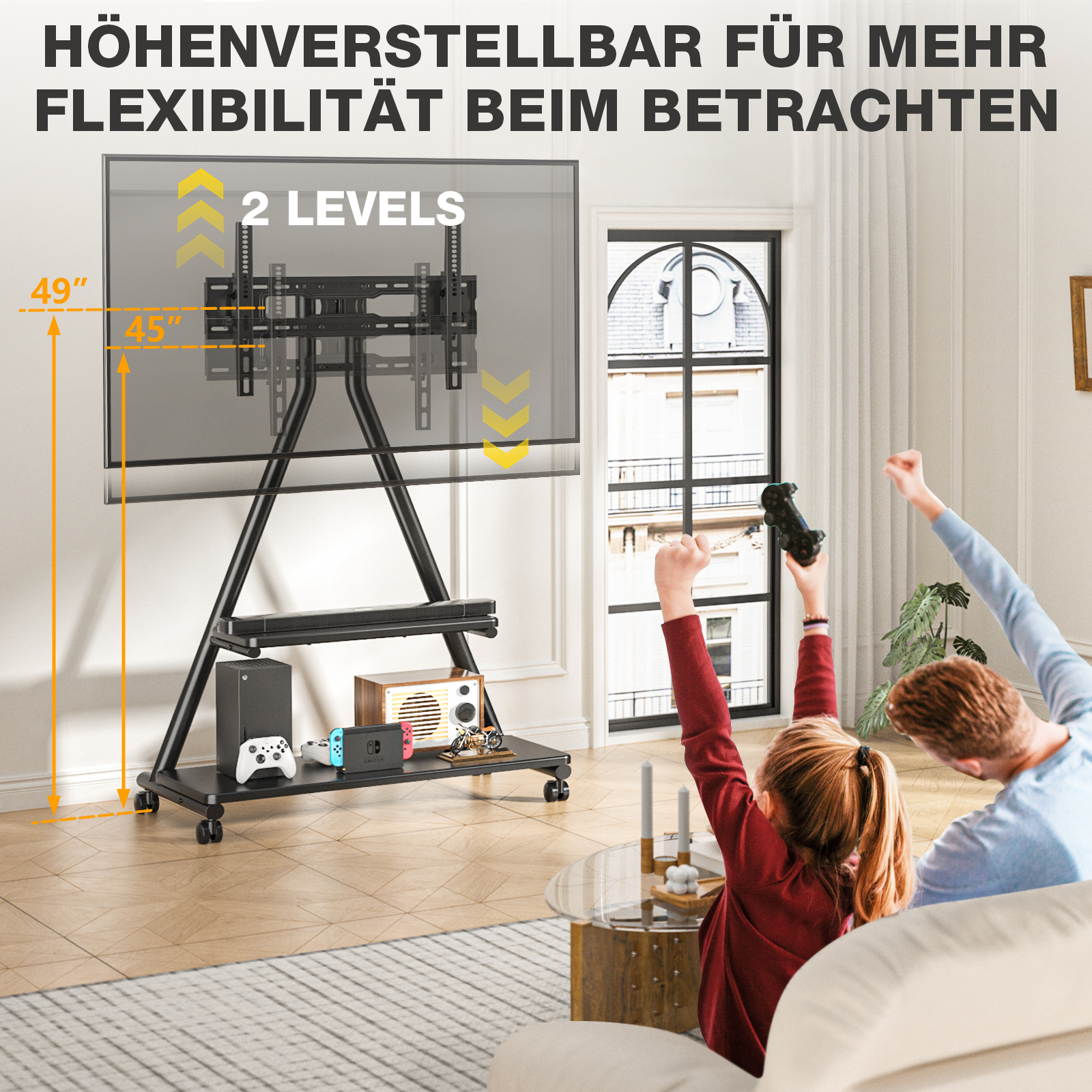 Ein schwarz-metallischer TV-Ständer mit einem Xbox, Nintendo Switch, Lautsprecher und Modellmotor.