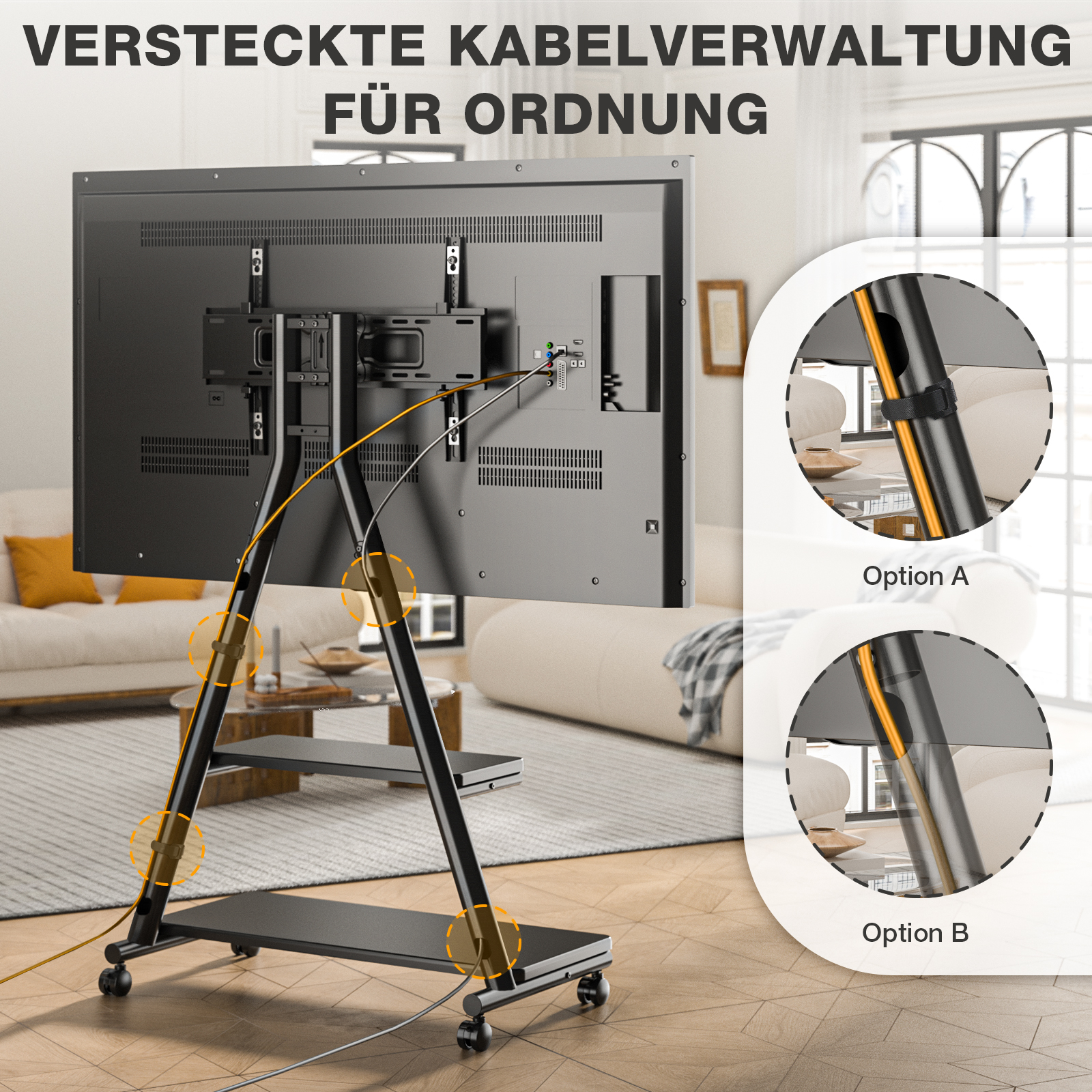 Ein TV-Ständer mit Kabelmanagement-Optionen in einem Wohnzimmer.