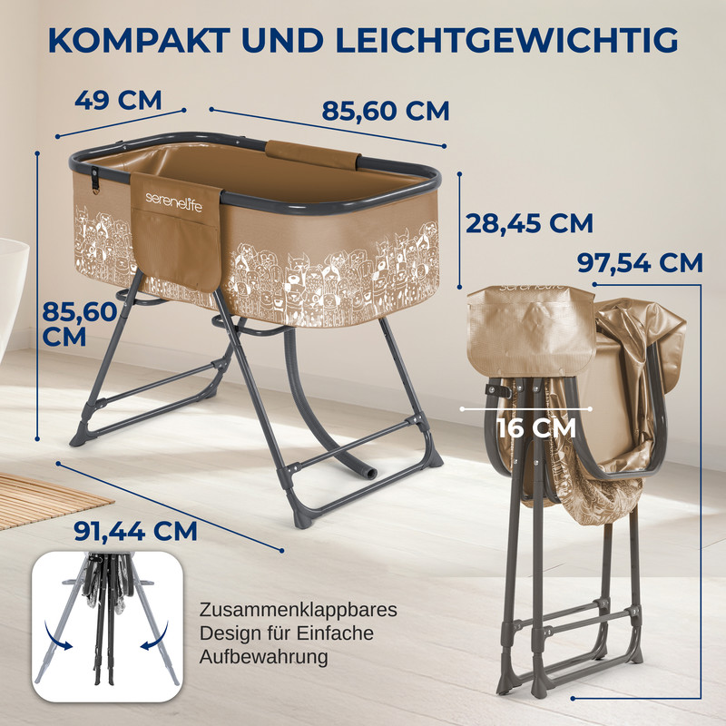 Brauner zusammenklappbarer Kinderwagen mit Maßen und Hundemuster.