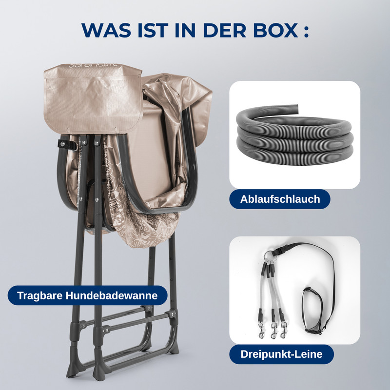 Eine tragbare Hundebadewanne mit einem Ablassschlauch und einer Dreipunktleine.