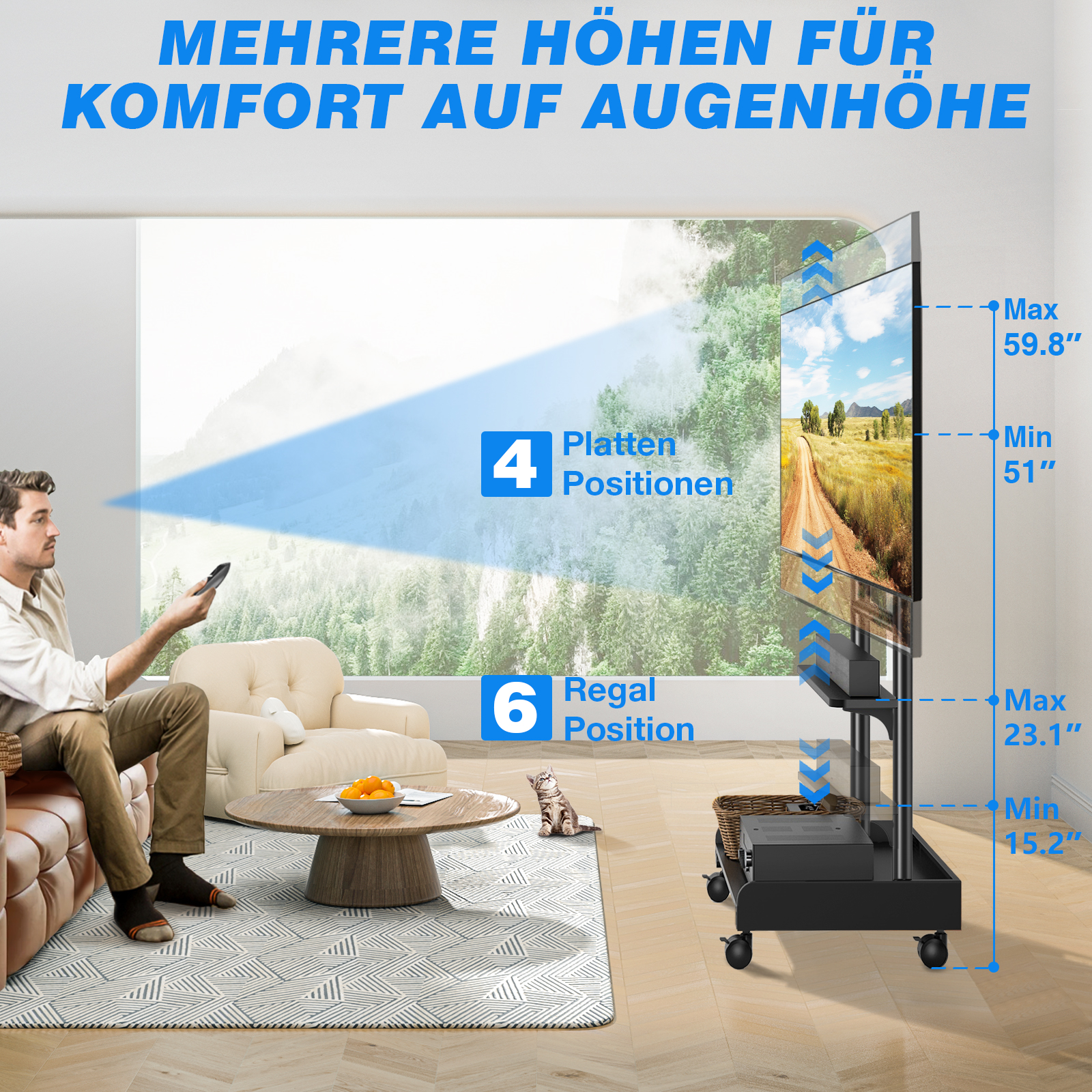 Mann auf Sofa schaut auf TV-Ständer mit vielen Höhen und Positionen.