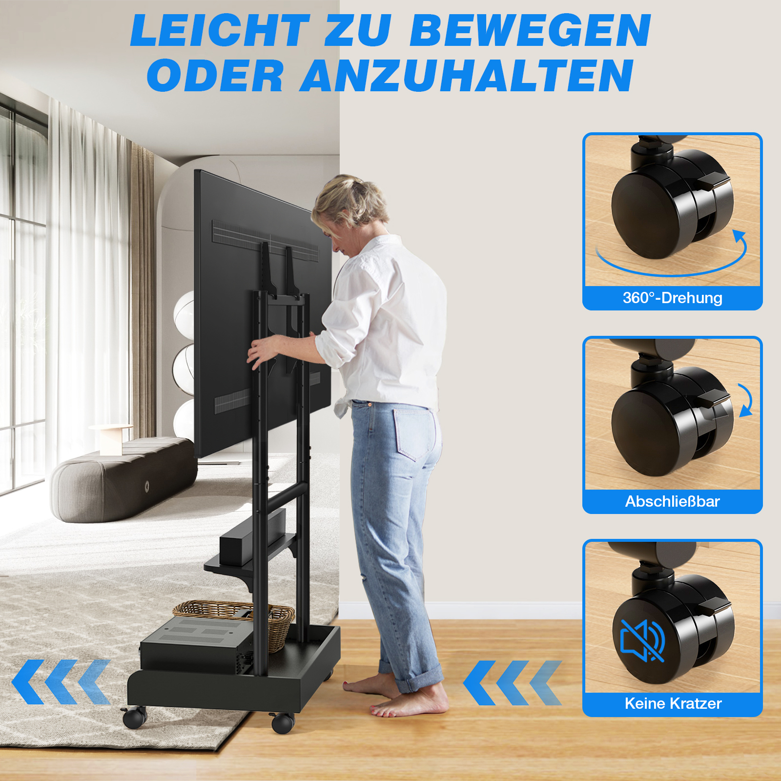Person richtet einen Fernseher auf einem Rollwagen in einem Wohnzimmer ein.