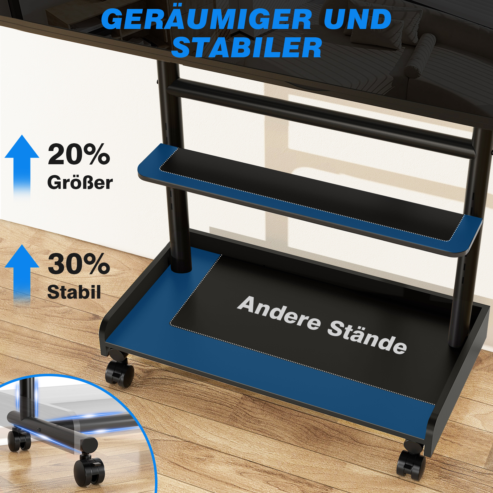 Ein schwarzer Rollwagen mit zwei Ablagen und blauen Akzenten steht auf Holzboden.