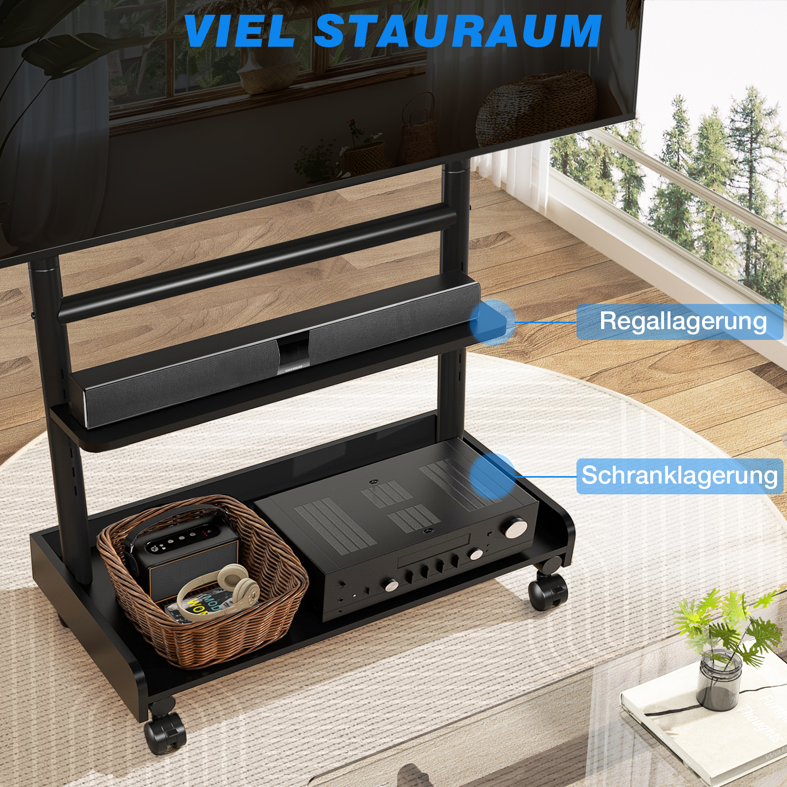 Ein schwarzer TV-Ständer mit einem Receiver, einer Soundbar und einem Korb mit Kopfhörern.