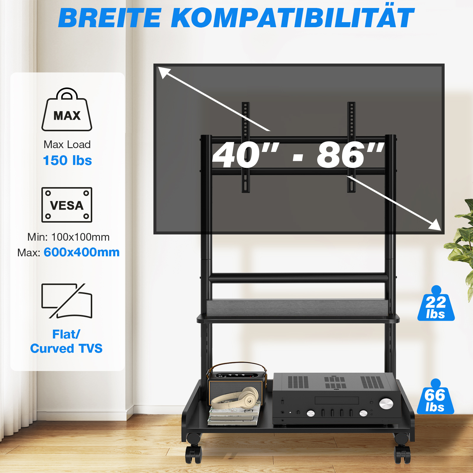 Ein schwarzer TV-Ständer für 40-86 Zoll TVs, belastbar bis 150 lbs.