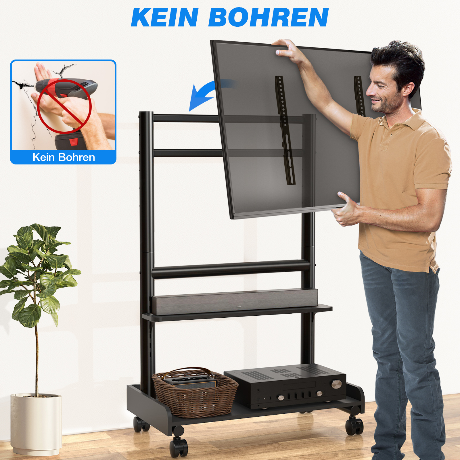 Mann montiert einen Fernseher an einen schwarzen Wagen mit Rollen. Kein Bohren.