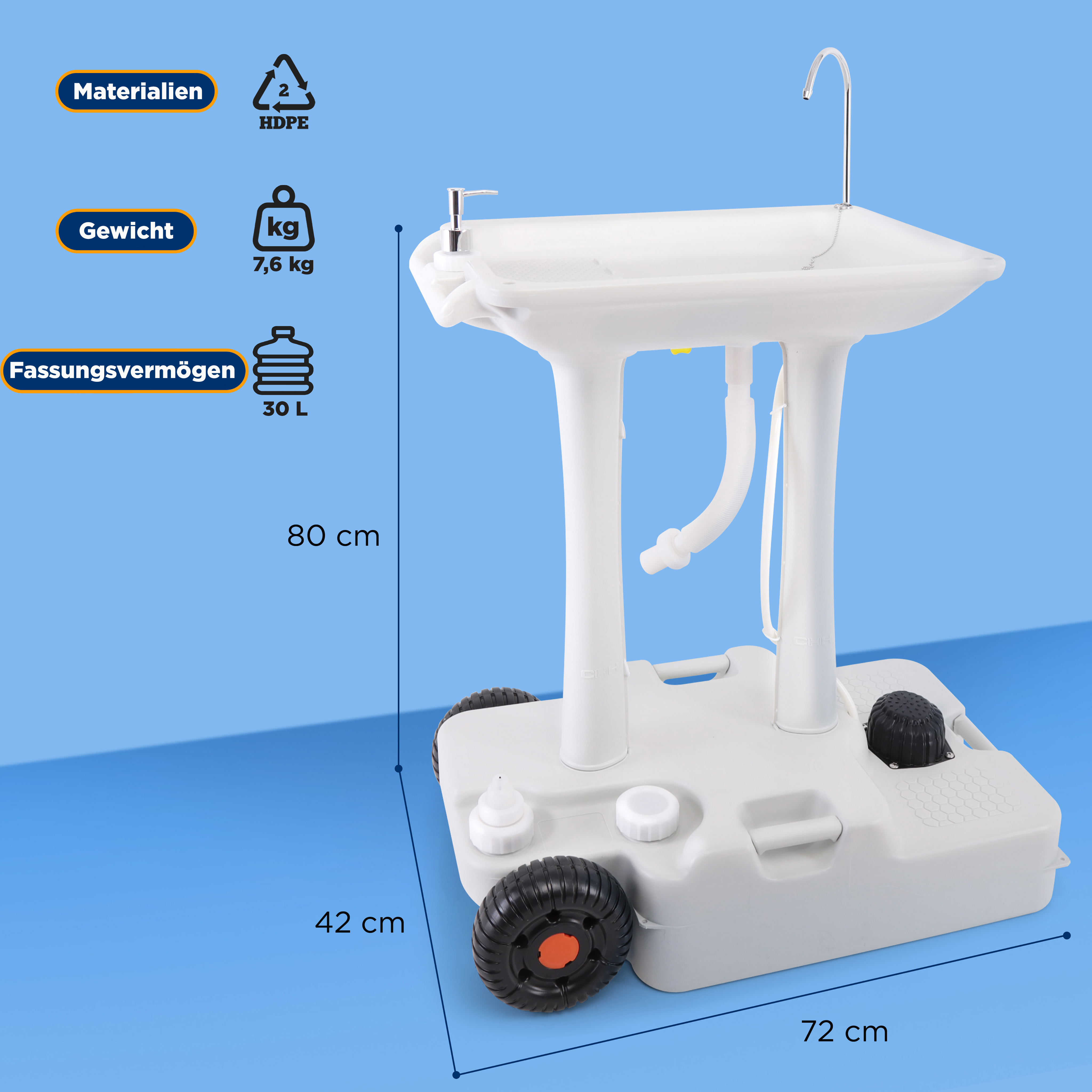 Ein weißes mobiles Waschbecken aus HDPE, 80x42x72 cm, 7,6 kg, 30 L.