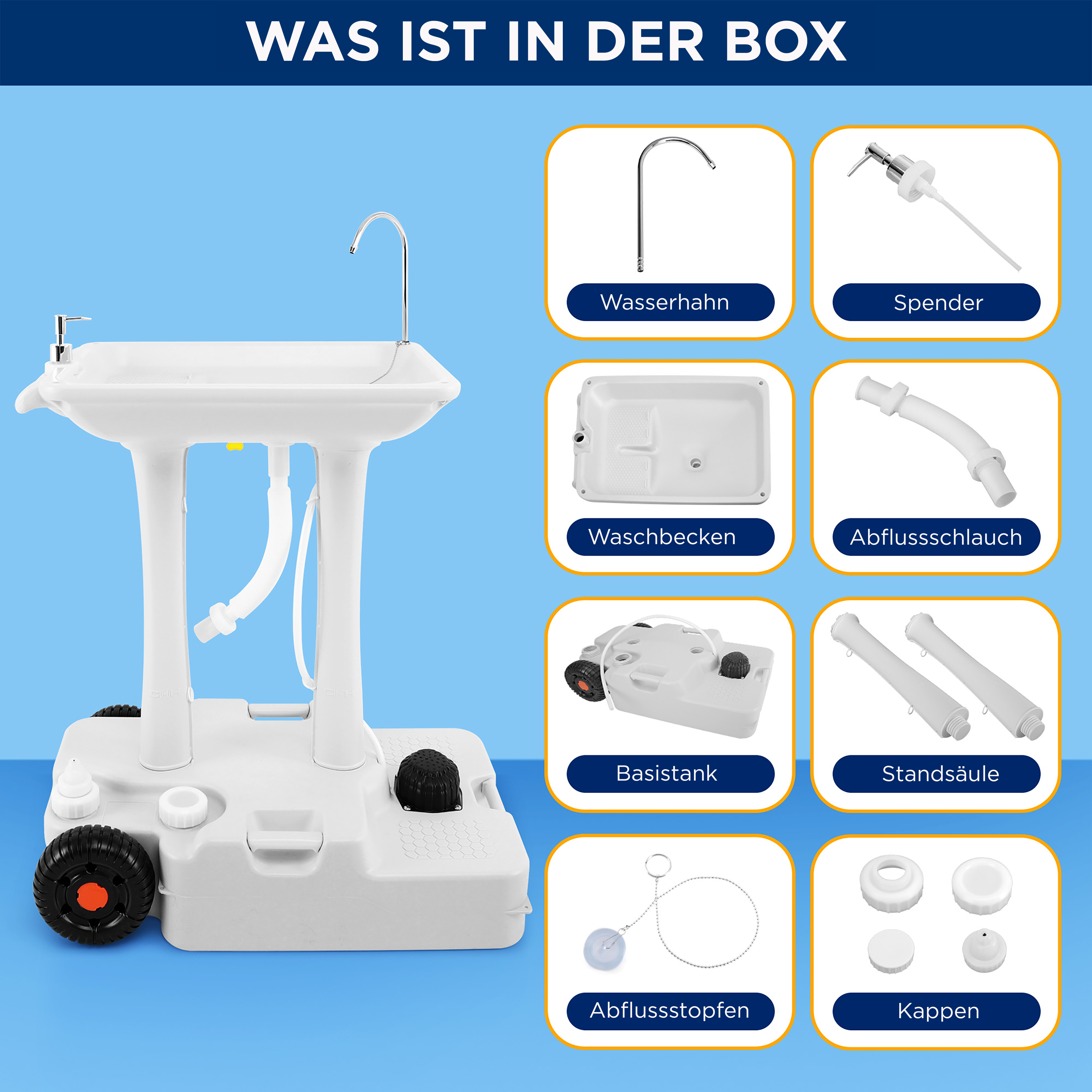 Ein tragbares Waschbecken mit Zubehör wie Wasserhahn, Spender und Schläuchen.