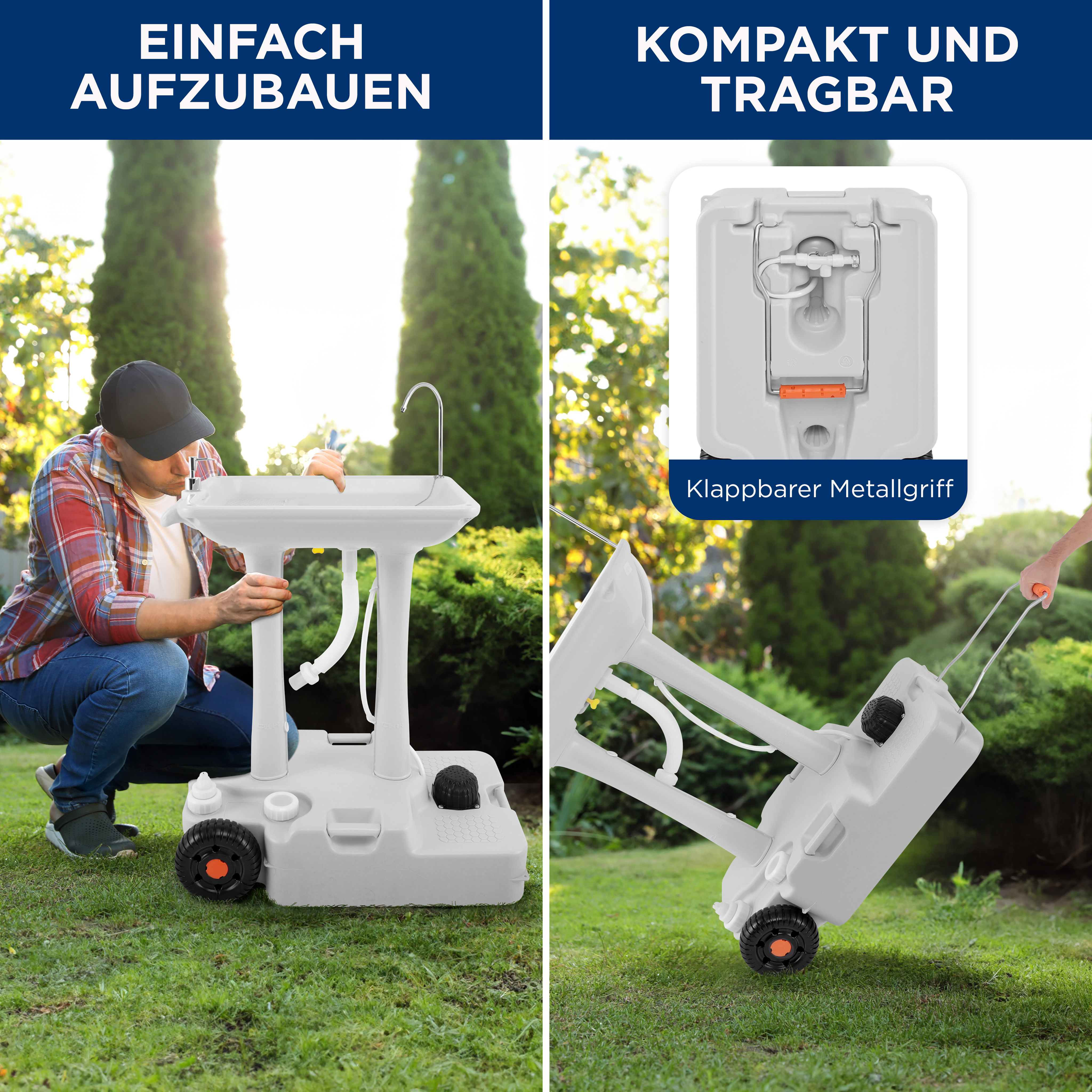 Ein Mann baut ein tragbares Waschbecken auf. Ein Griff ist ausklappbar.