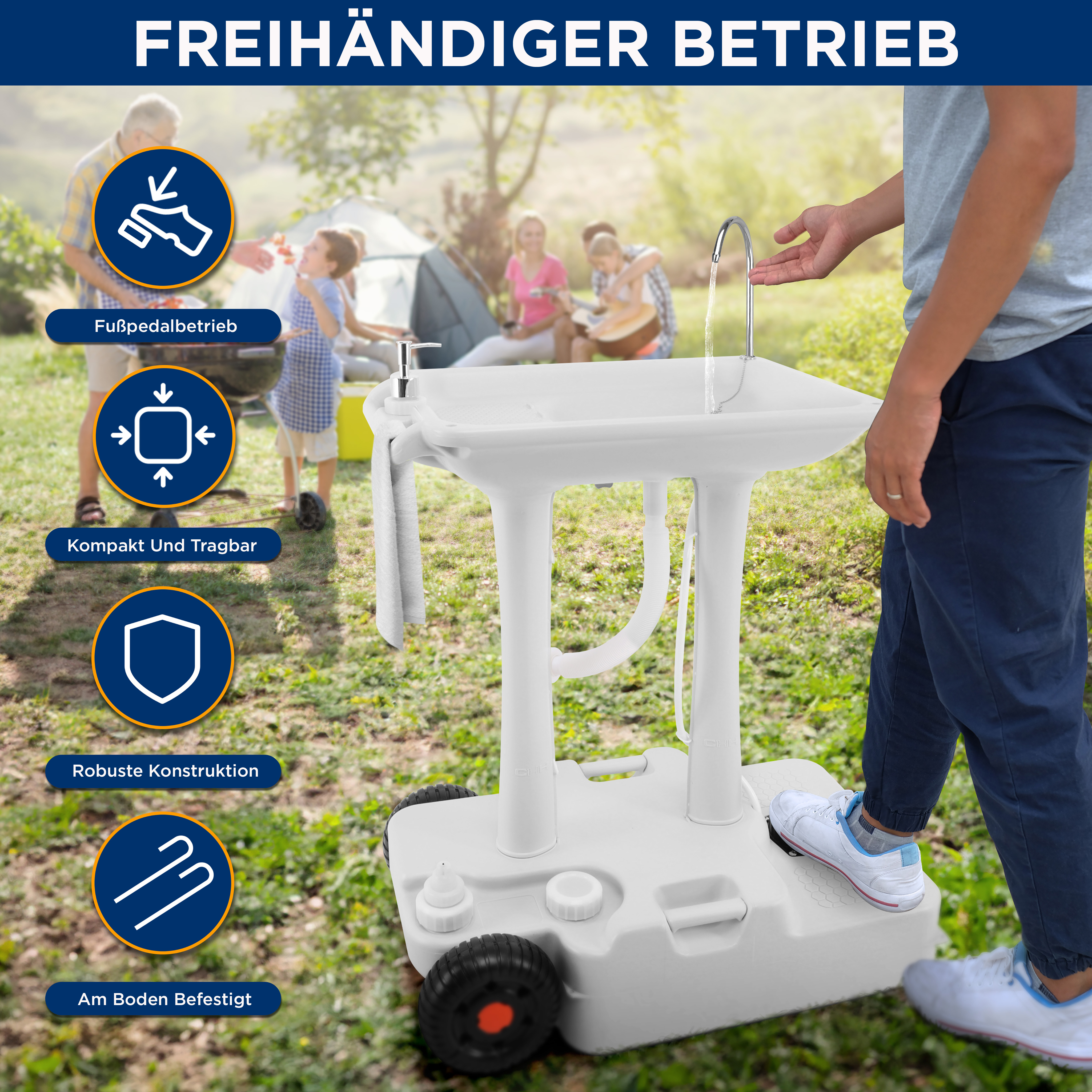 Freistehendes Waschbecken mit Fußpedal, Seifenspender, Handtuchhalter, Rädern und Familie.