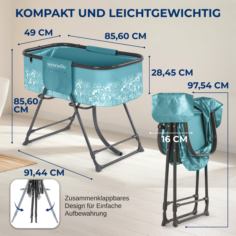 Ein aufklappbarer Baby-Badewannenständer mit Maßen und einem zusammengeklappten Zustand.