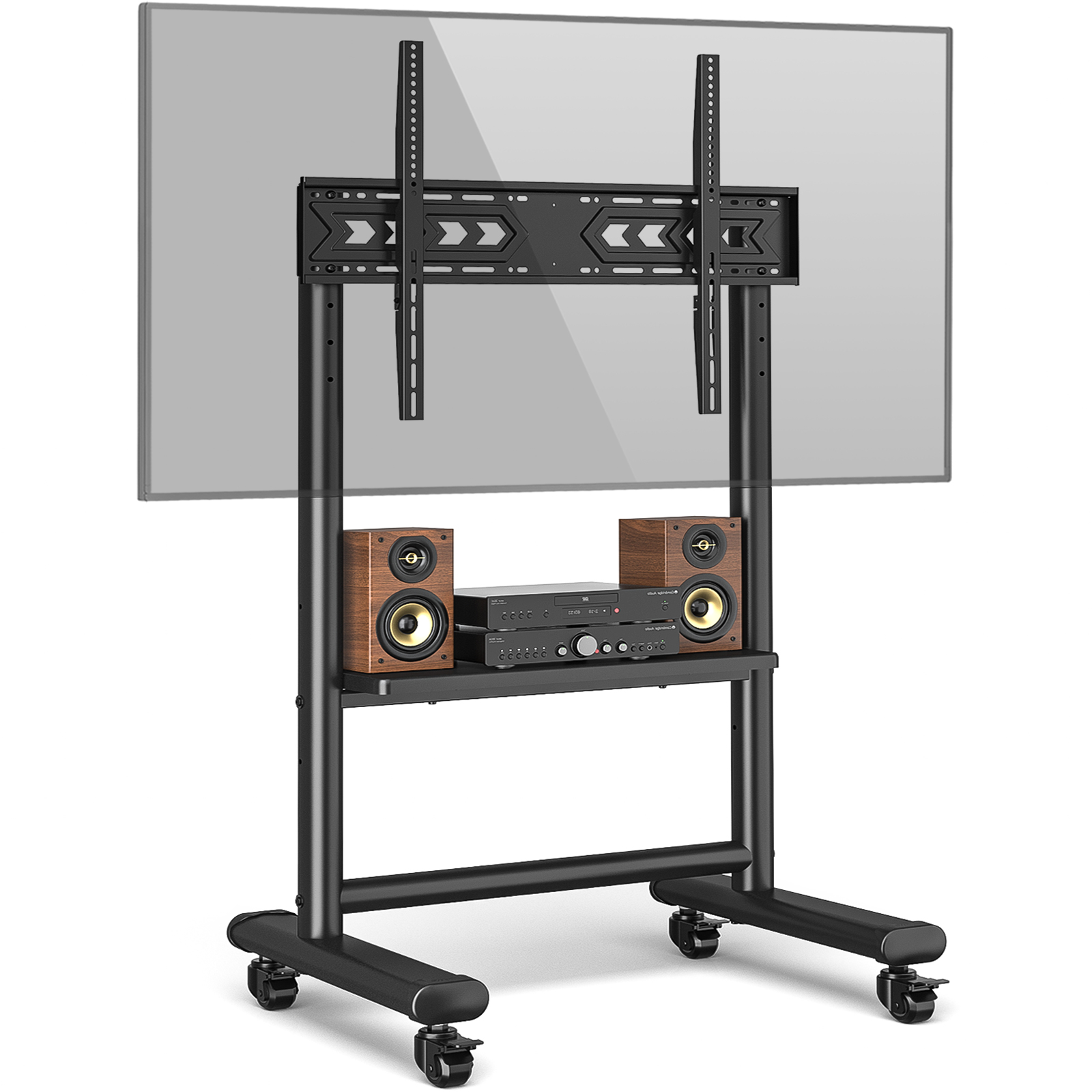 Ein schwarzer TV-Ständer auf Rädern mit zwei Lautsprechern und einem AV-Receiver.