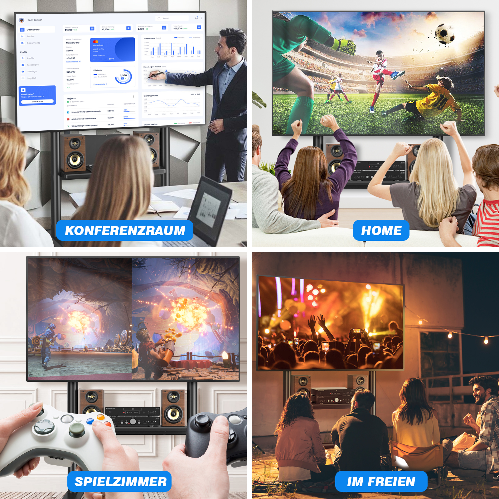 Vier Szenen: Konferenzraum mit Dashboard, Fußballspiel im Wohnzimmer, Gaming, Open-Air-Konzert.
