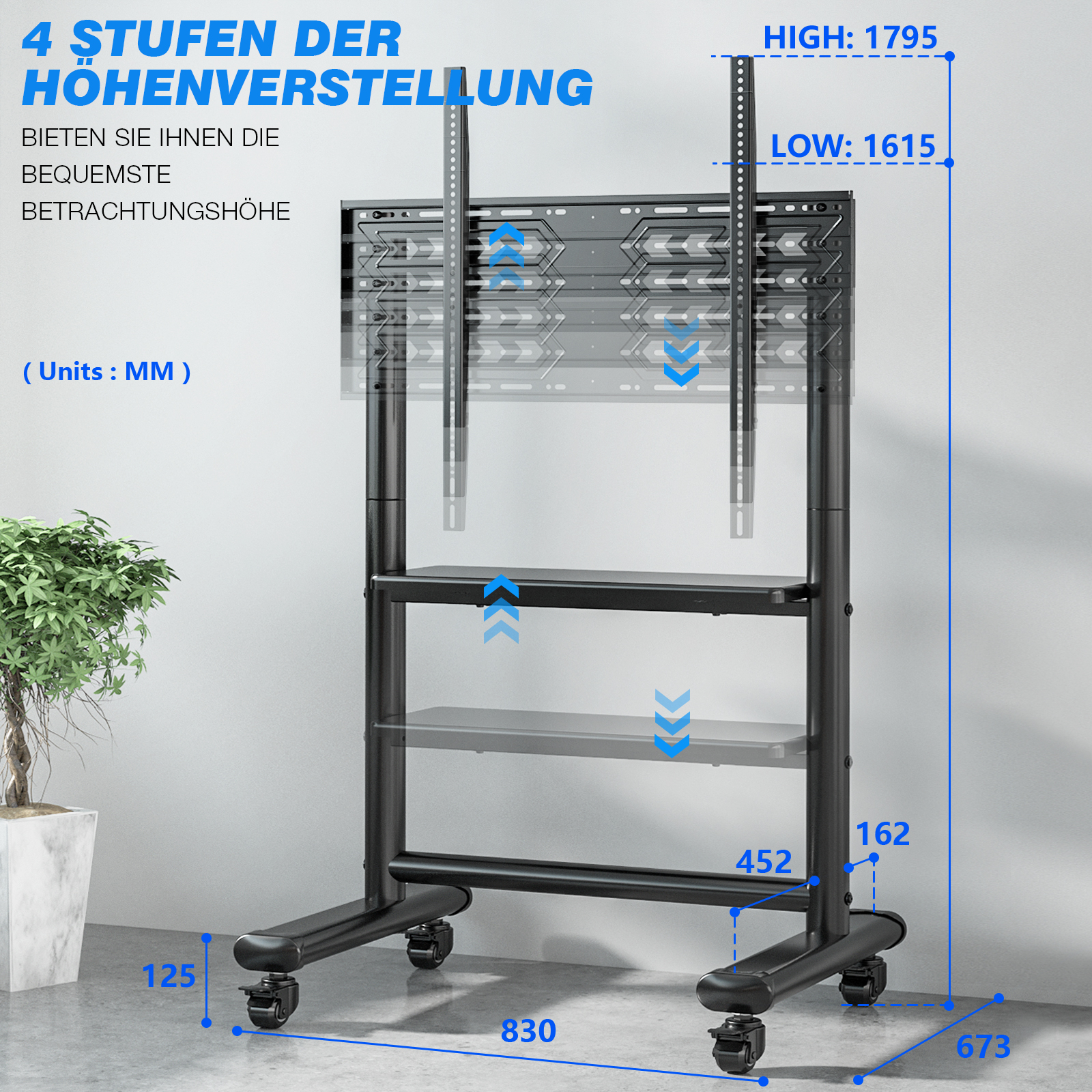 Ein schwarzer TV-Ständer mit Rädern und Höhenverstellbarkeit, Maße in MM.