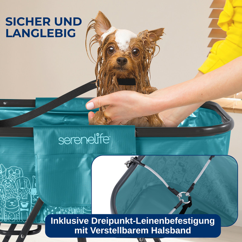 Ein nasser Hund mit Schaum im Fell wird in einem blauen Bad gebadet.