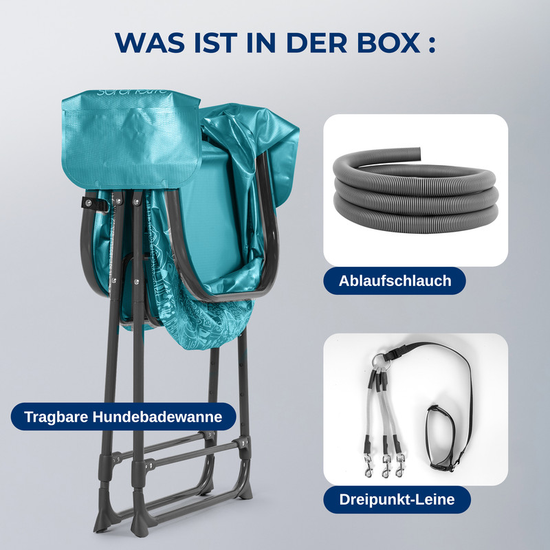 Tragbare Hundebadewanne mit Ablaufschlauch und Dreipunkt-Leine.
