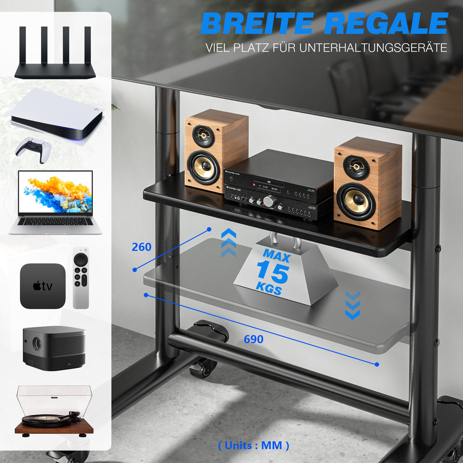 Breites Regal mit Elektronik: Router, PS5, Laptop, Apple TV, Beamer, Plattenspieler.