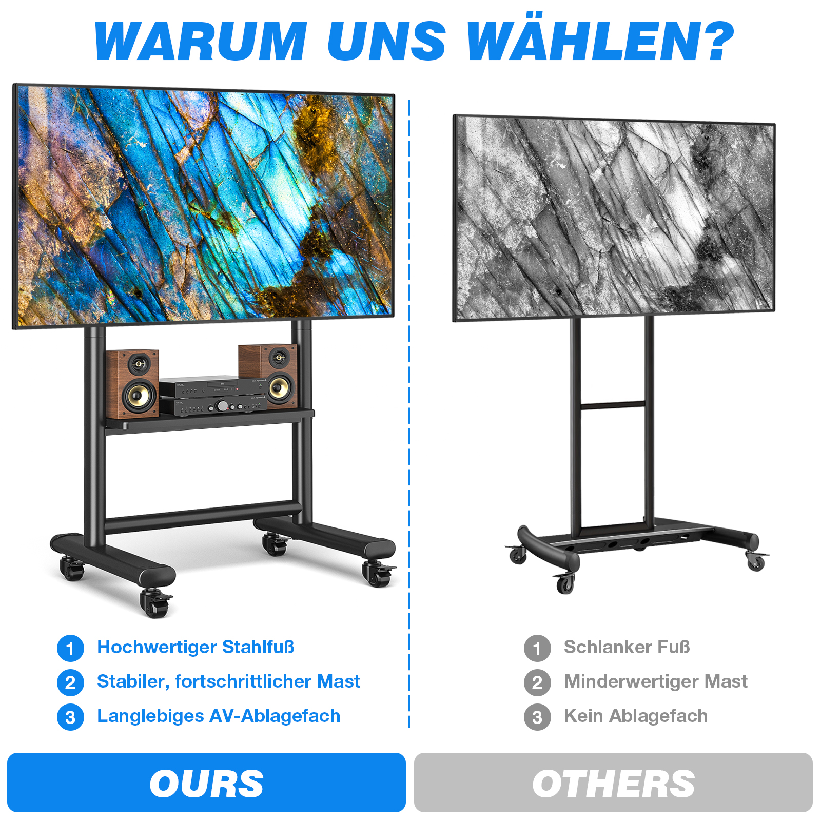 Vergleich von zwei TV-Ständern: Einer mit hochwertigem Fuß, Mast und Fach, der andere schlechter.