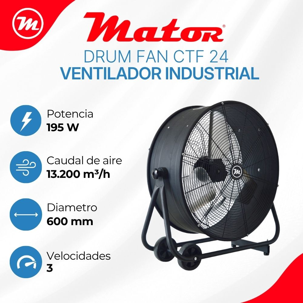 Ventilador industrial negro con ruedas, especificaciones: 195W, 13.200 m³/h, 600mm.