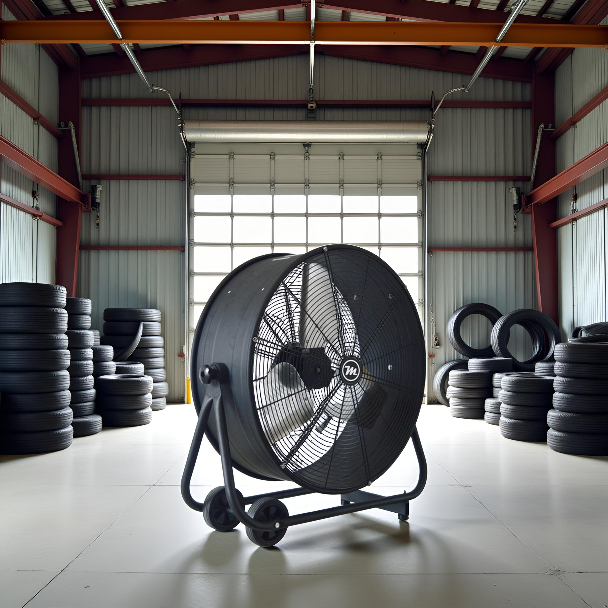 Un gran ventilador negro se encuentra en un almacén junto a pilas de neumáticos.