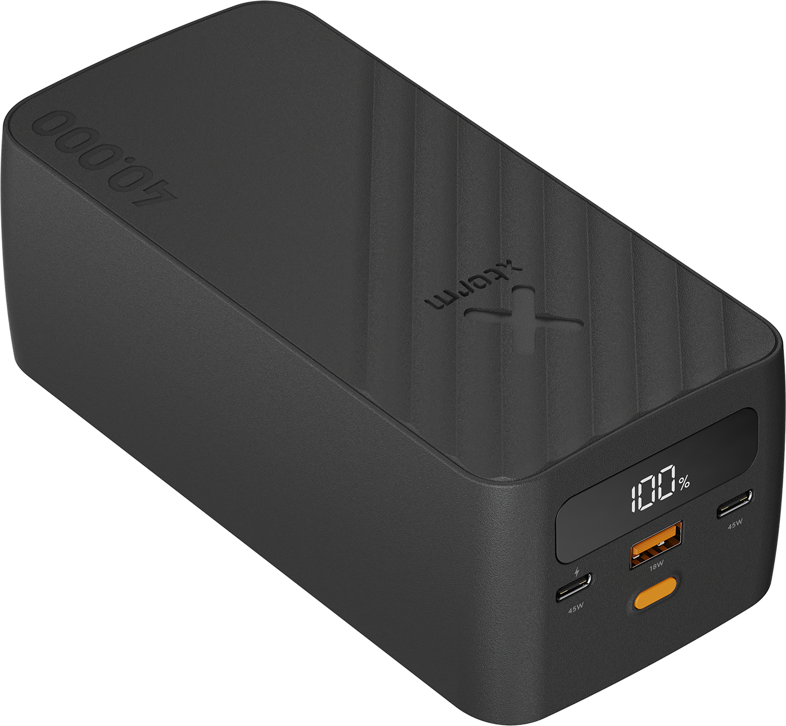 Schwarzes Ladegerät mit 40.000 mAh, 100% Aufladung, USB-C und USB-A Anschlüsse.
