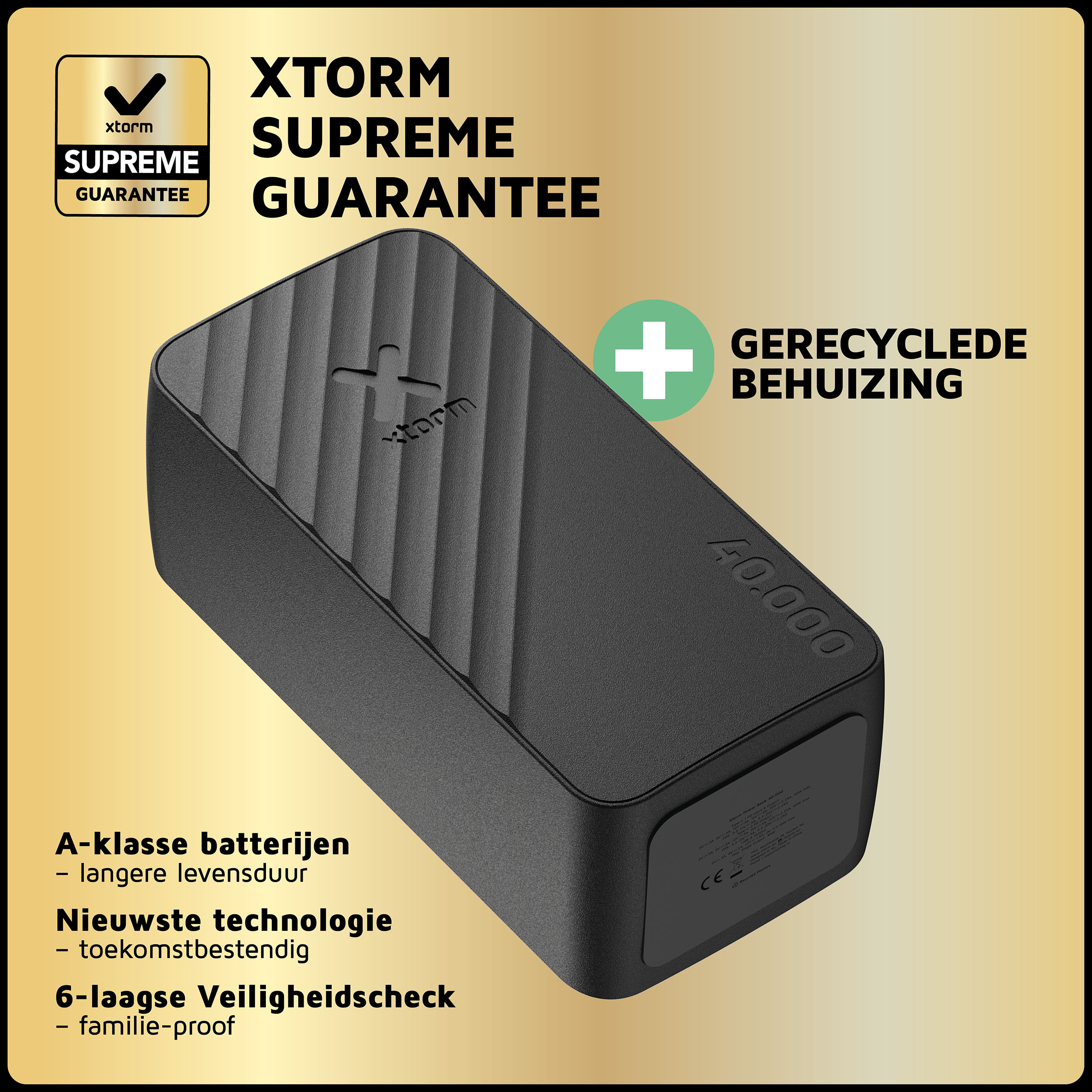 Schwarzes Xtorm Powerbank 40.000 mit Text und Symbolen.