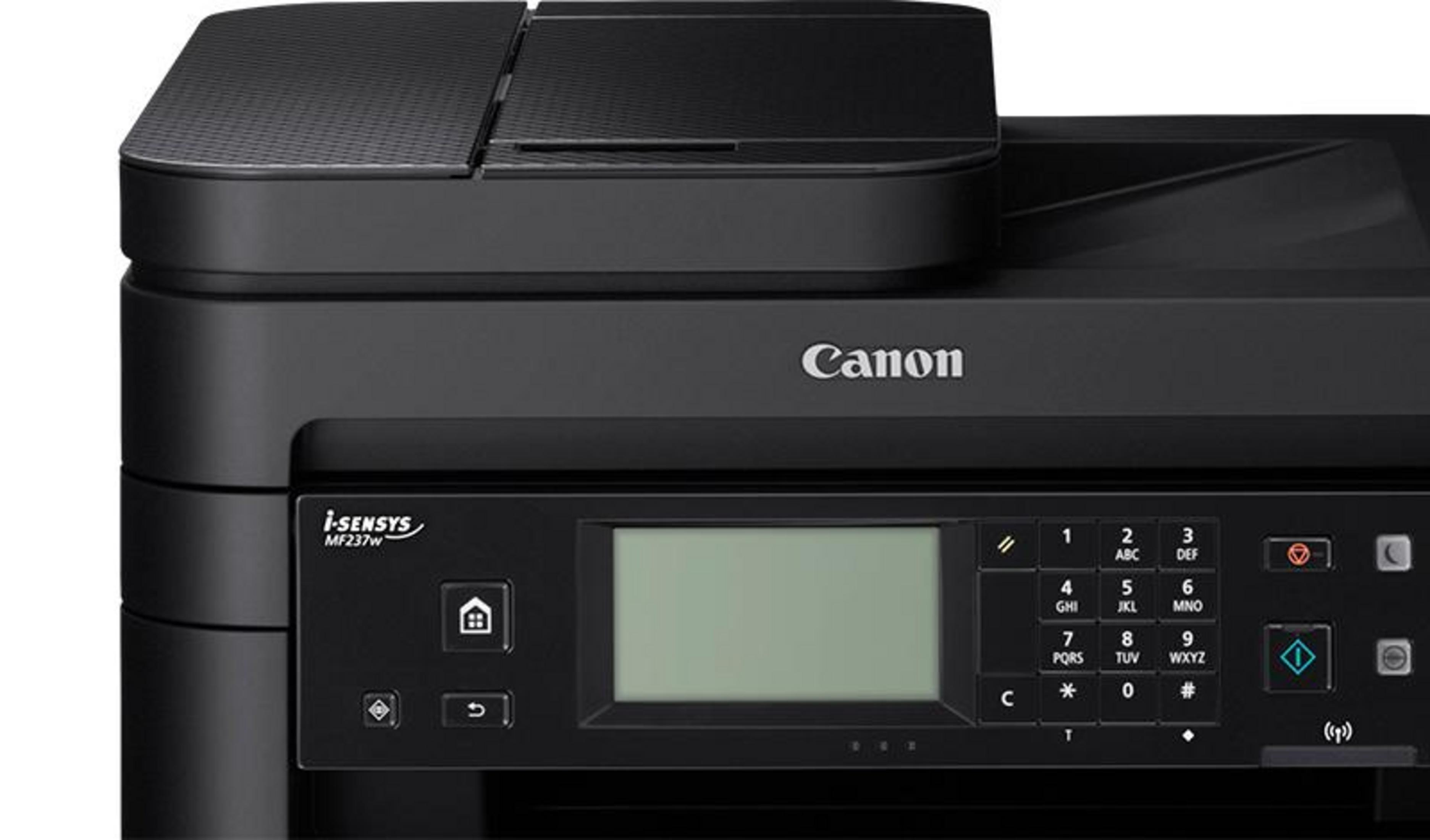 Impresora Canon i-SENSYS MF237w negra con panel de control, pantalla LCD y teclado.