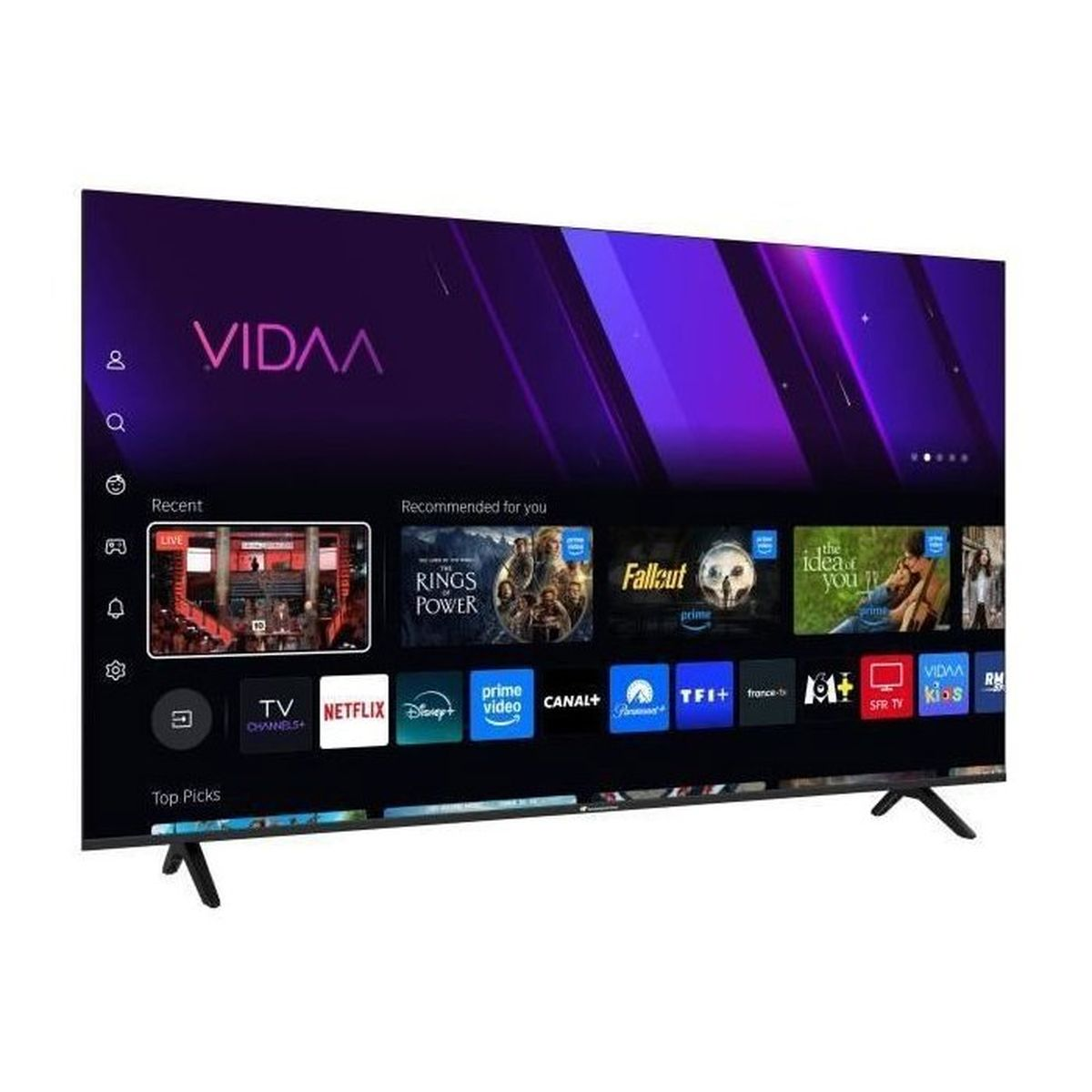 Una TV moderna che mostra l'interfaccia VIDAA con varie icone di app di streaming.