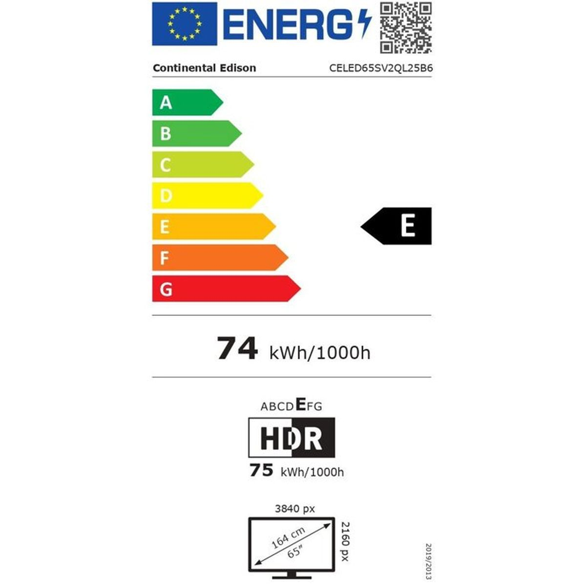 Etichetta energetica classe E, 74 kWh/1000h, HDR, display da 65 pollici.