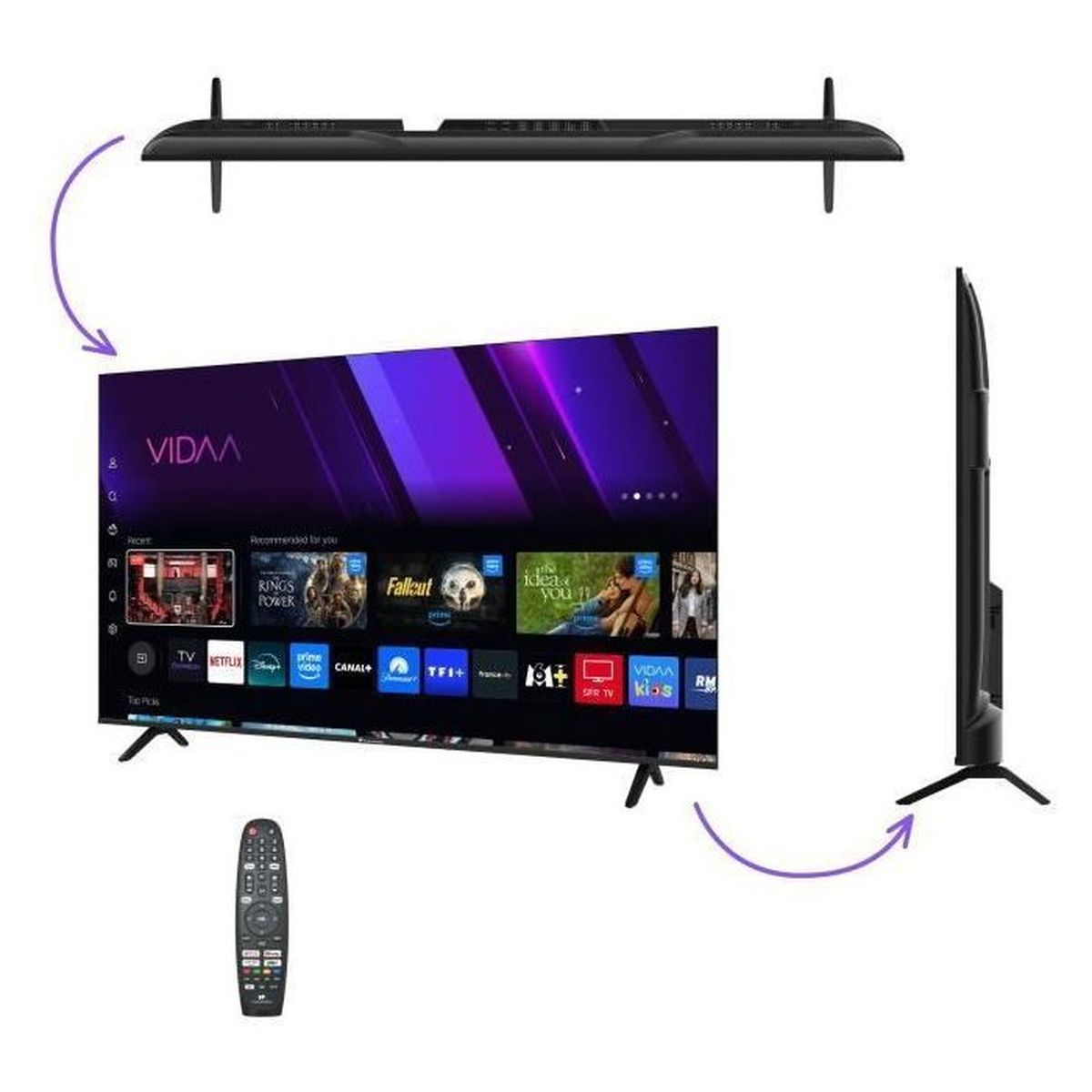 Una smart TV con telecomando, vista frontale, dall'alto e laterale.