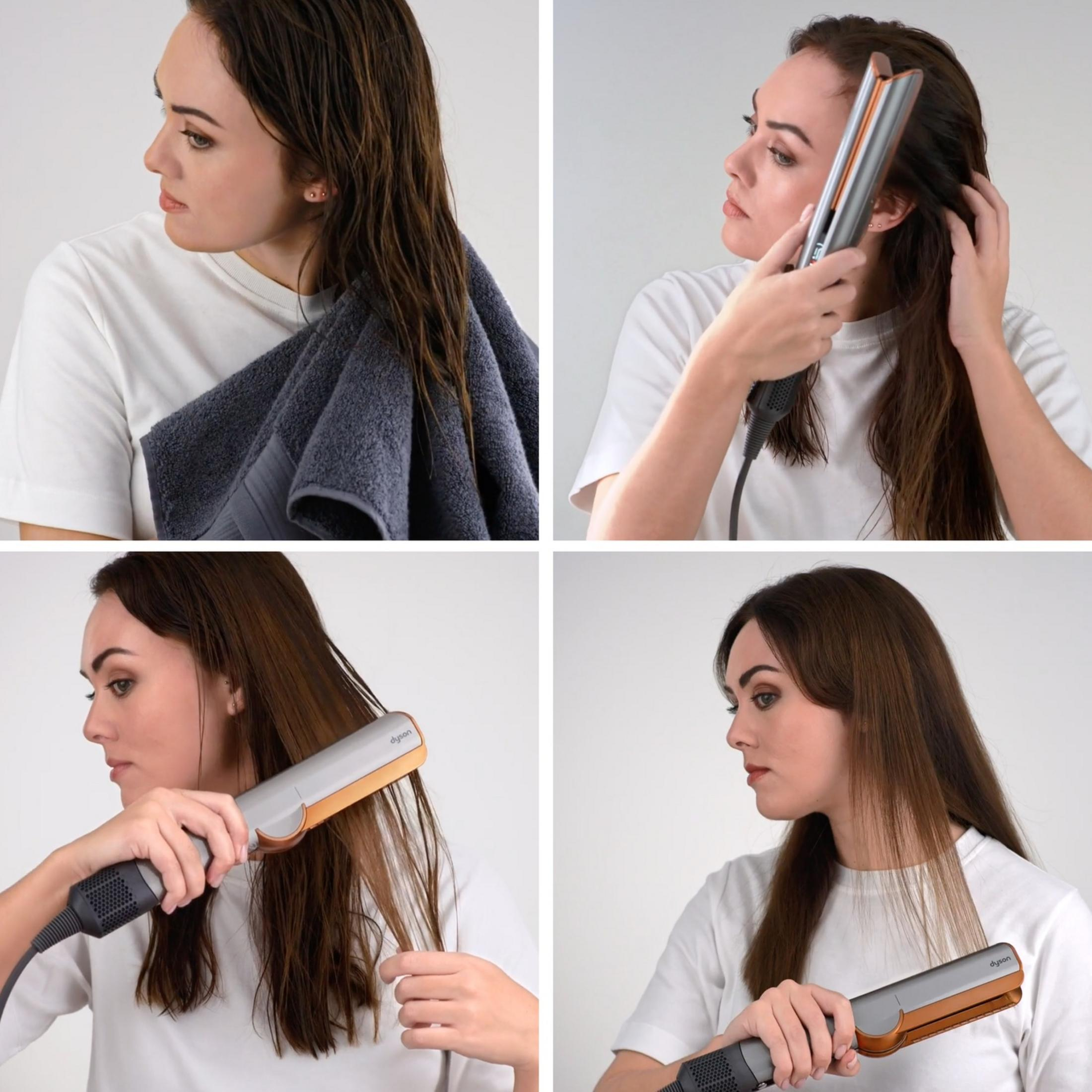 Donna asciuga i capelli bagnati con un asciugamano e poi usa una piastra.