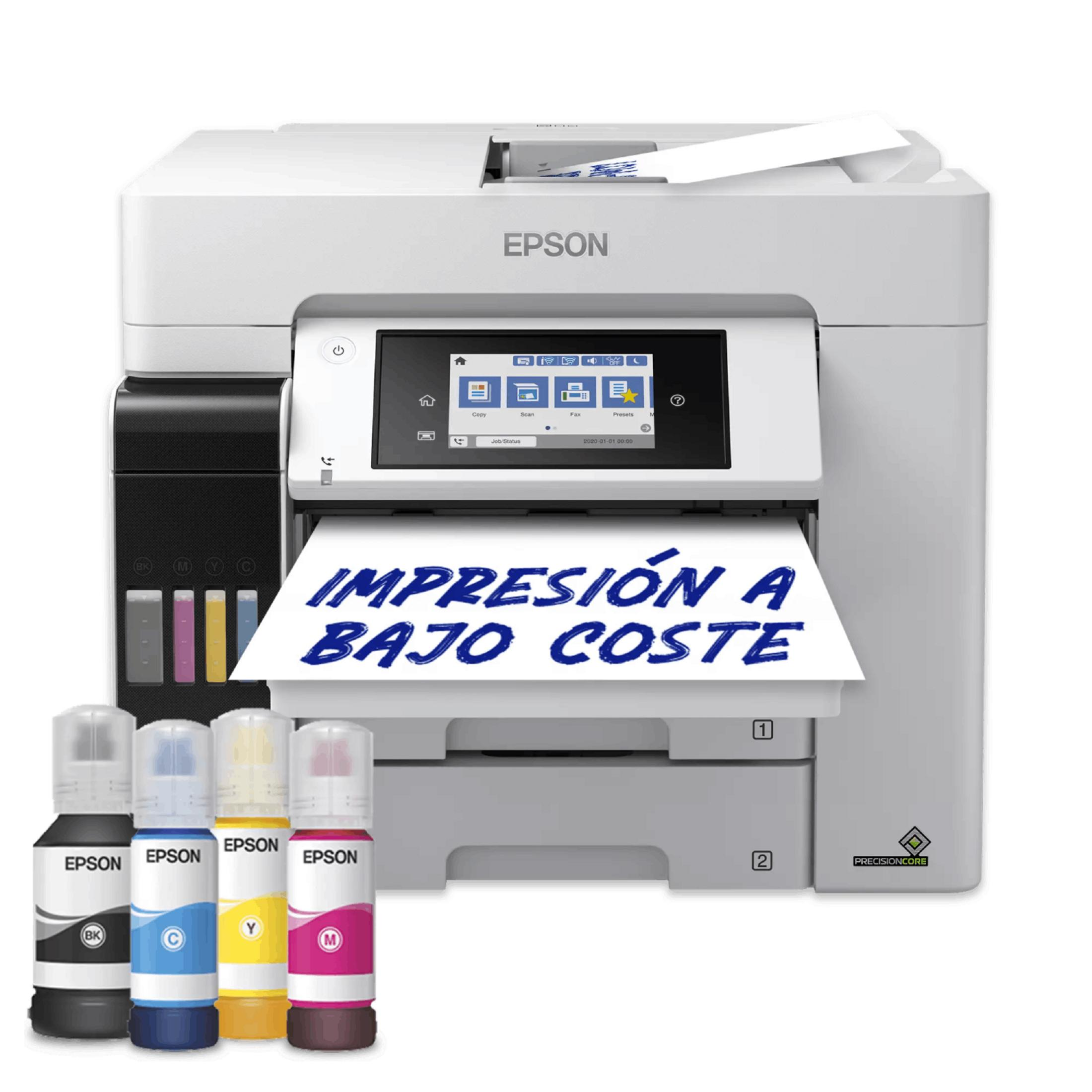Impresora Epson con botellas de tinta negra, cian, amarilla y magenta.
