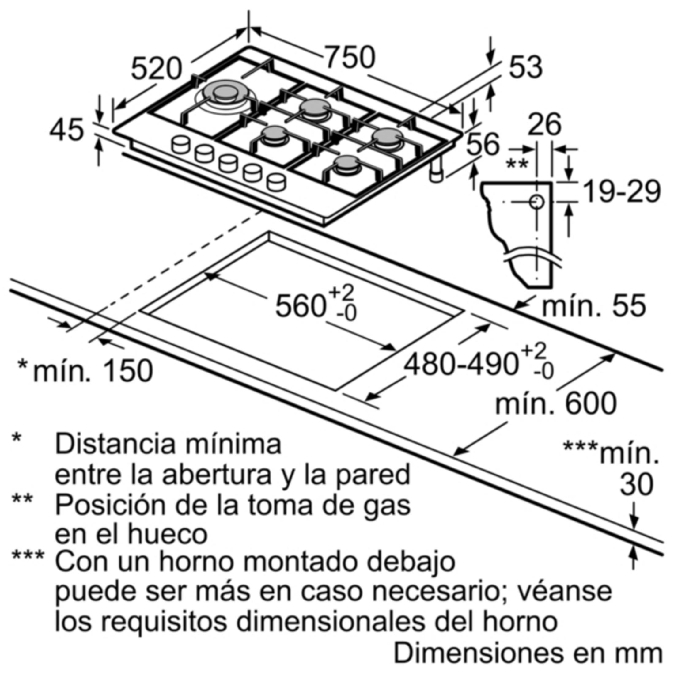 Dibujo técnico de una placa de gas con dimensiones e instrucciones de instalación.
